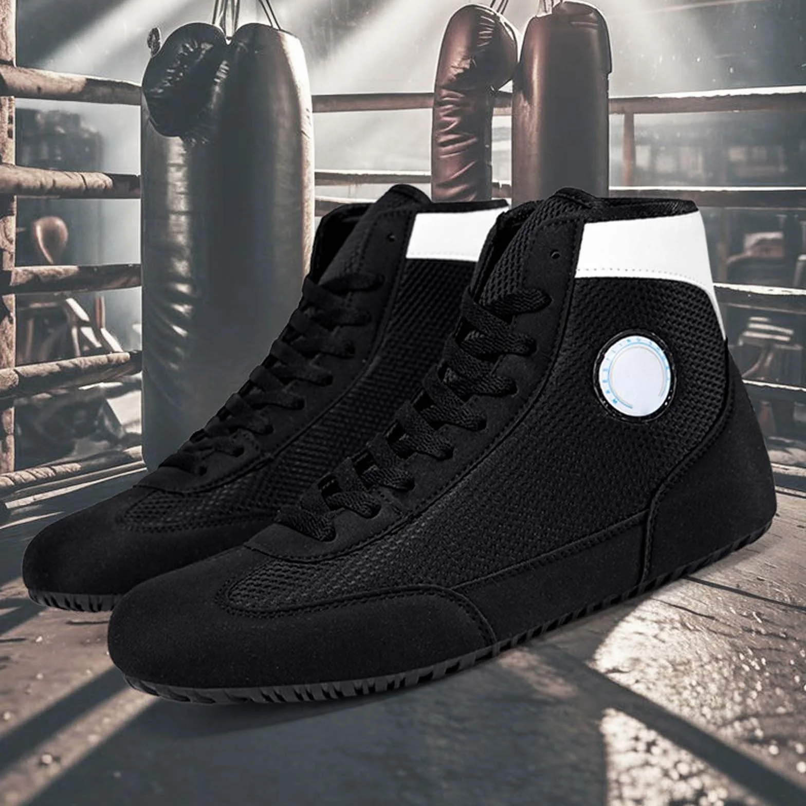 Chaussures de boxe d'entraînement hautes respirantes antidérapantes soutien cheville fitness