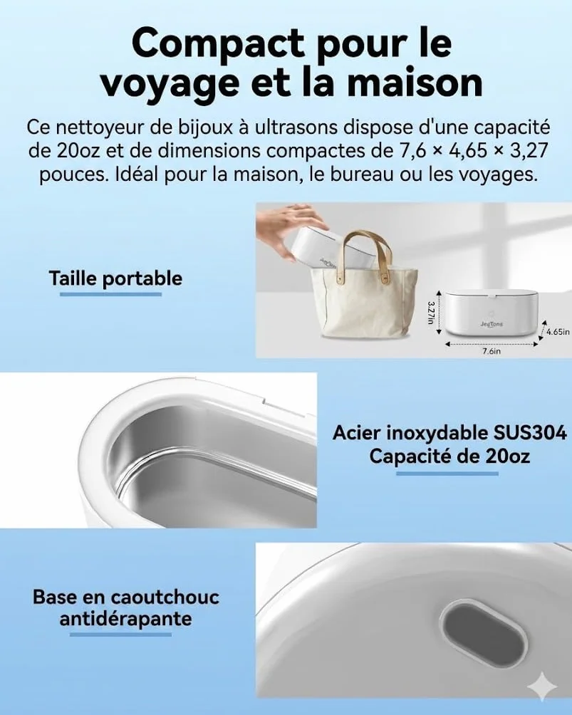 JeaTone Nettoyeur Ultrasons Professionnel 600ml 46KHz Bac Ultrasons Portable