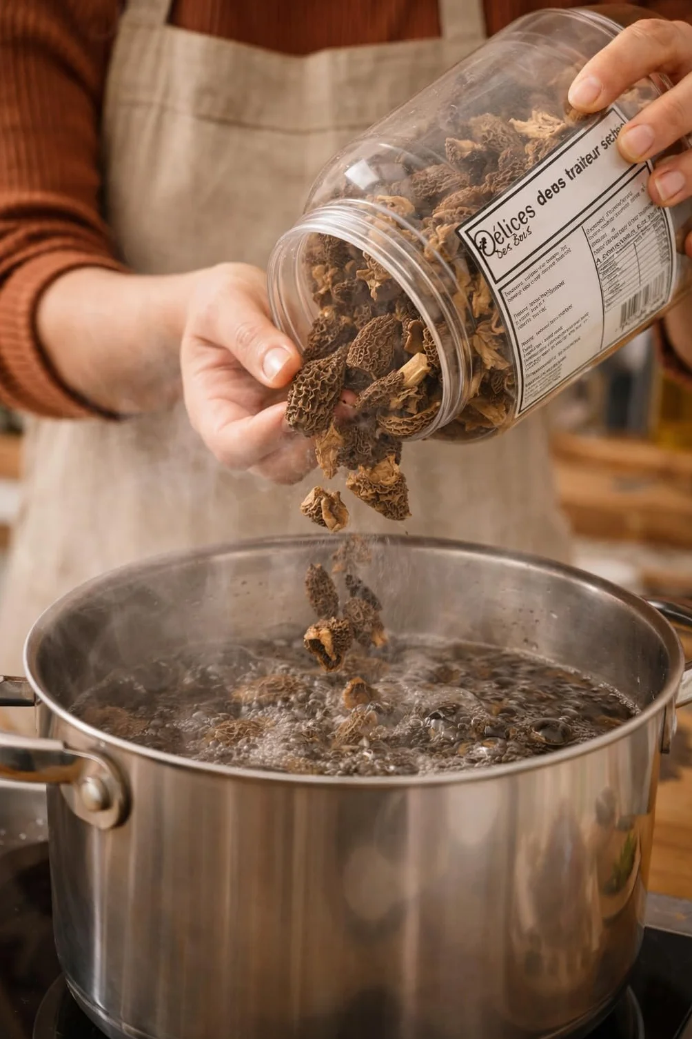 Morilles Séchées Traiteur 250g - Mélange Gourmet 60% Têtes et 40% Pieds - Champignons Déshydratés Qualité Supérieure - Idéal pour Sauces, Risottos et Viandes - Pot Refermable 250g