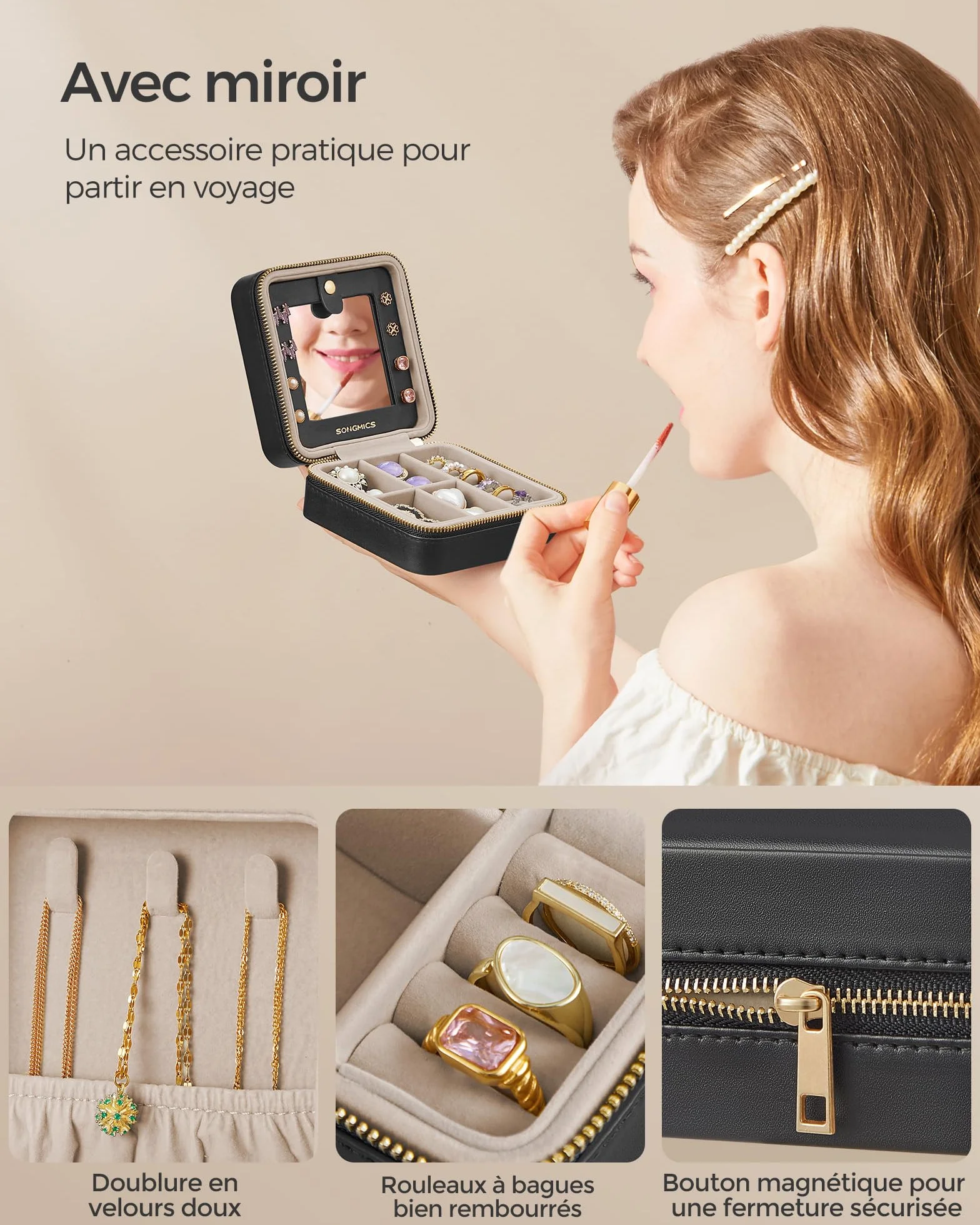 SONGMICS GISELLA Boîte à Bijoux de Voyage avec Miroir 11,4 x 11,4 x 5,5 cm Surface en PU Noir d'Encre JBC146BKV1