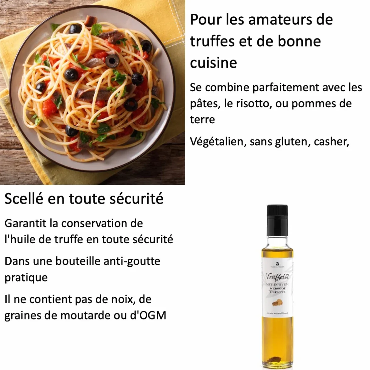 Huile de truffe blanche avec véritable truffe blanche 250 ml d'huile d'olive pour sauces et affiner les plats. Convient aux régimes végétaliens et sans gluten