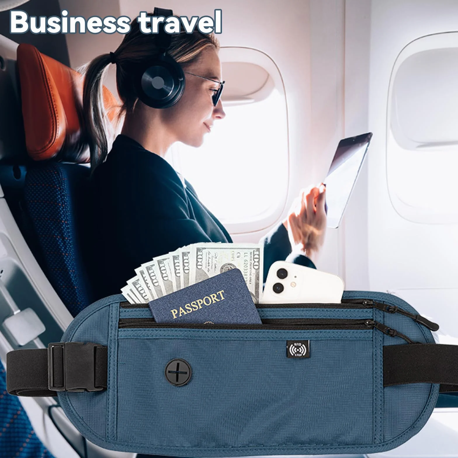 Ceinture de Voyage Sac Banane Antivol Caché Plat Réglable Homme Femme Passeport Smartphone Cartes Monnaie Clés Bleu Foncé
