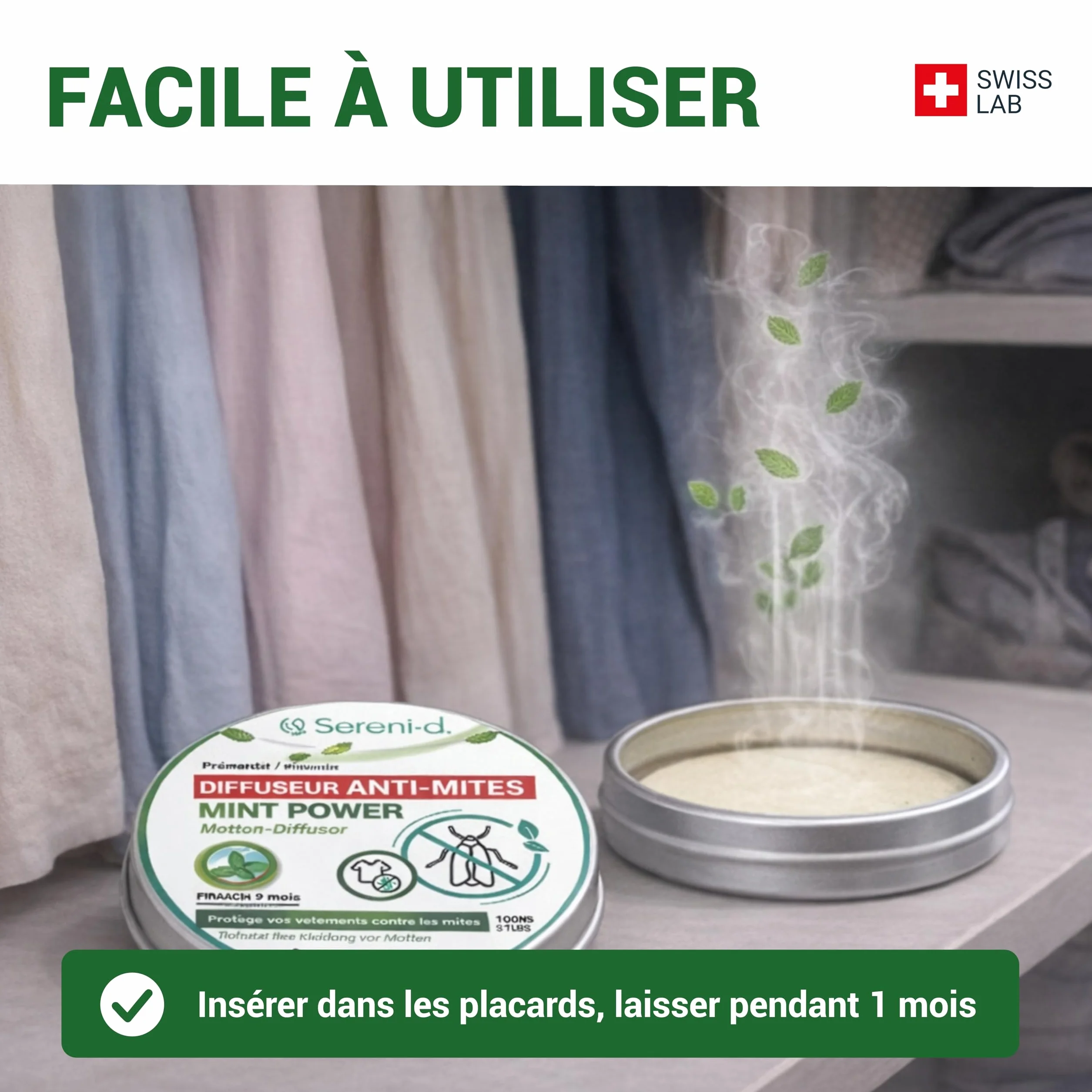 SERENI-D Diffuseur ANTI-MITES Textiles MINTPOWER - Protection répulsive des Vêtements, Lainages et Fourrures - Parfum Menthe - Action immédiate et protège les placards des nouvelles infestations