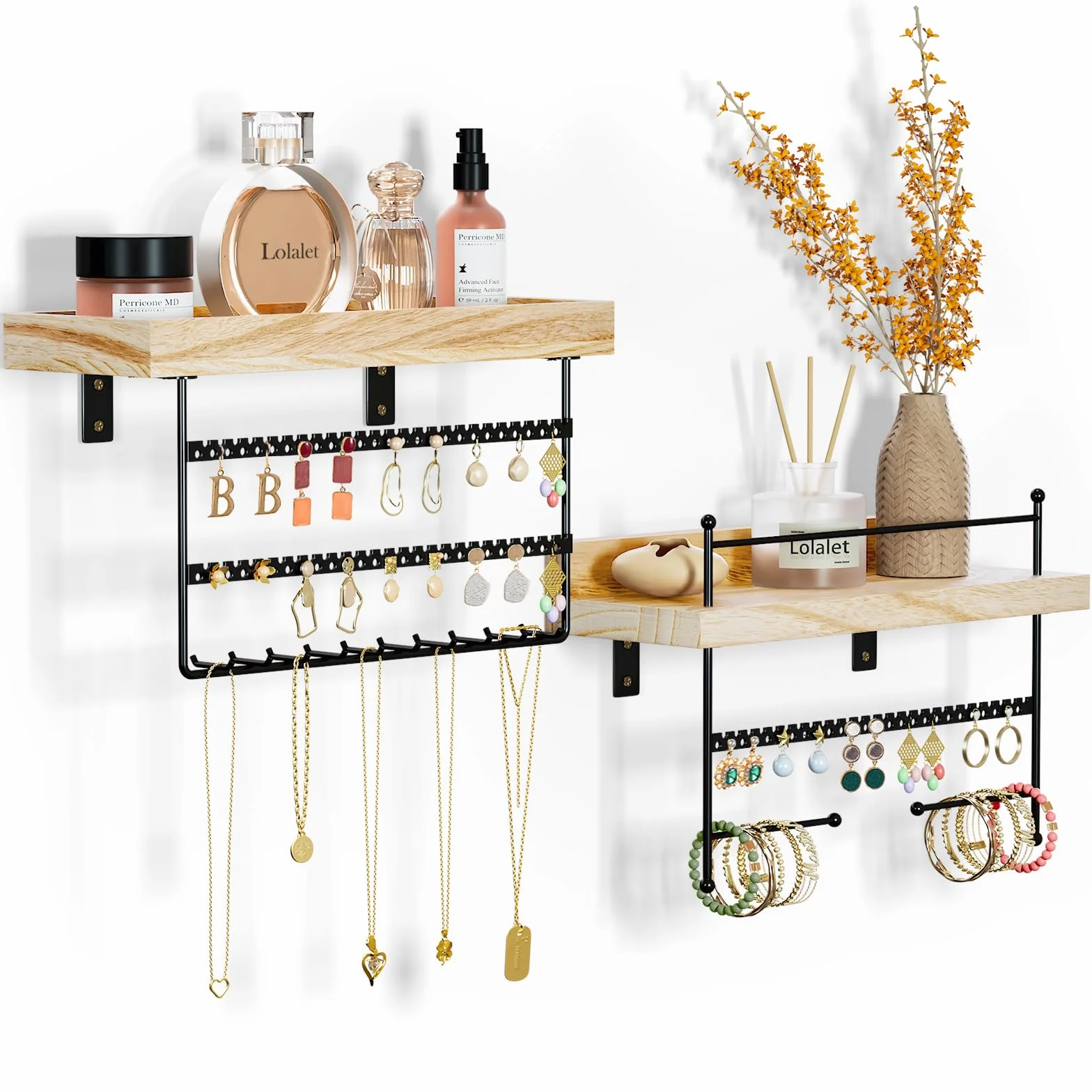 Lolalet Porte Bijoux Mural Lot de 2, Organisateur Suspendu en Bois Naturel - Noir
