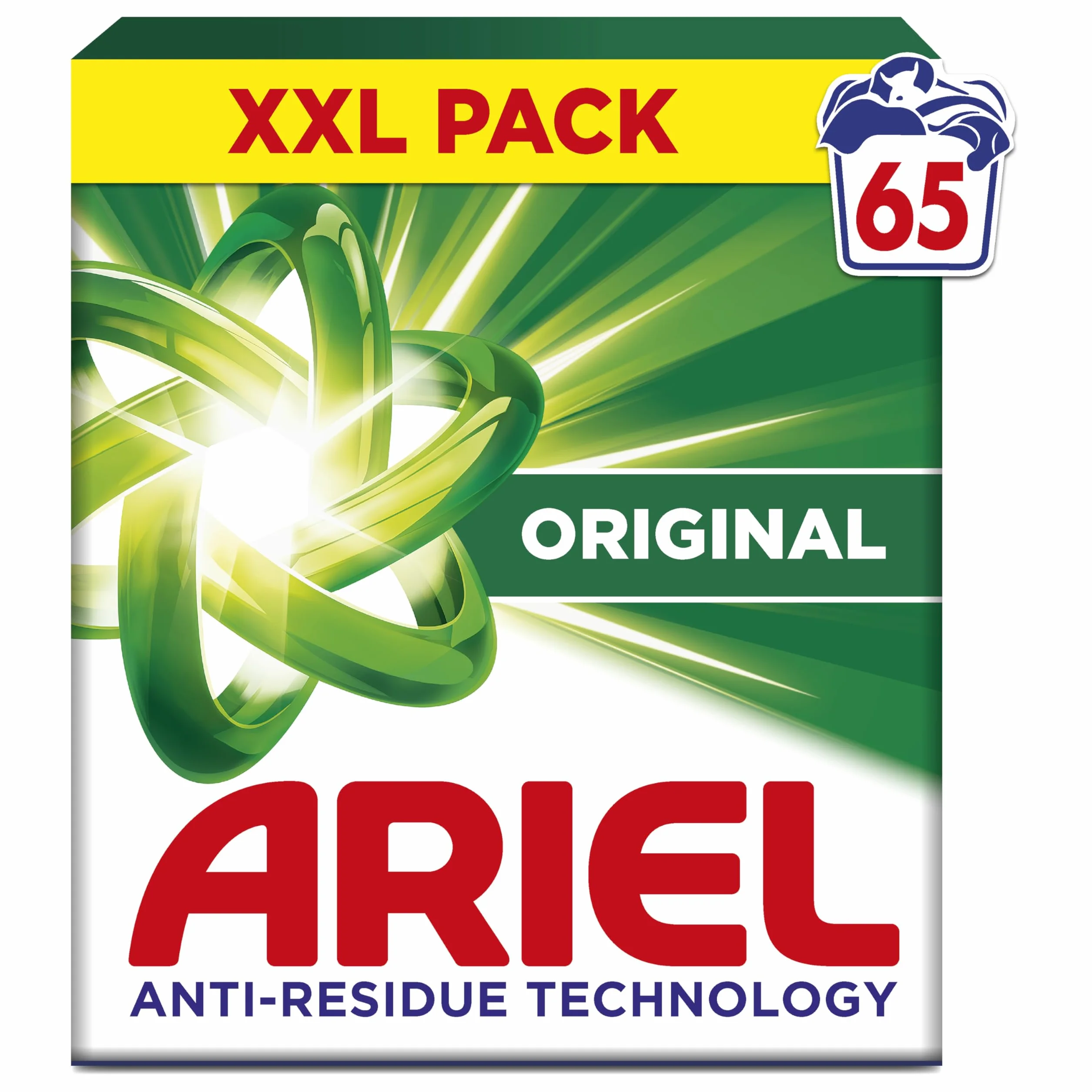Ariel Original, Lessive en Poudre, 65 Lavages (3.7kg), Action Détachante En 1 Seul Lavage, Dissolution Rapide Même à Froid, Fabriqué en France