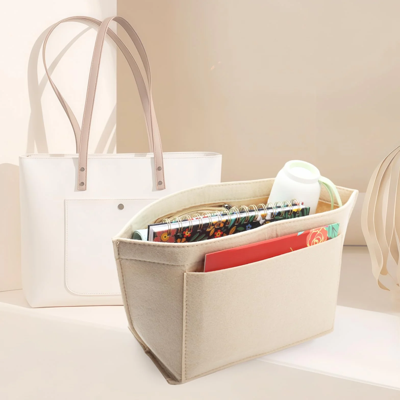 Organiseur de sac à main en feutre pour Longchamp L, pliable, Beige