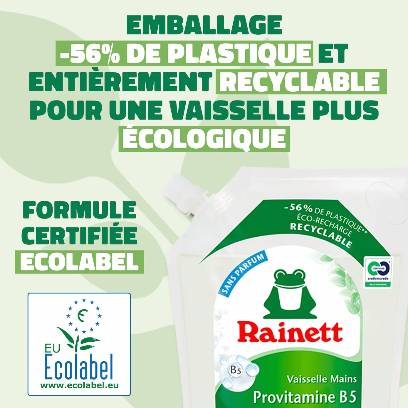 RAINETT - Liquide Vaisselle Mains Dermosensitive - Éco-Recharge 1 L - Formule Hypoallergénique - pH Neutre - Préserve les Peaux Sensibles - Poche 100% Recyclable - Ecolabel - Éco-Recharge 1 L