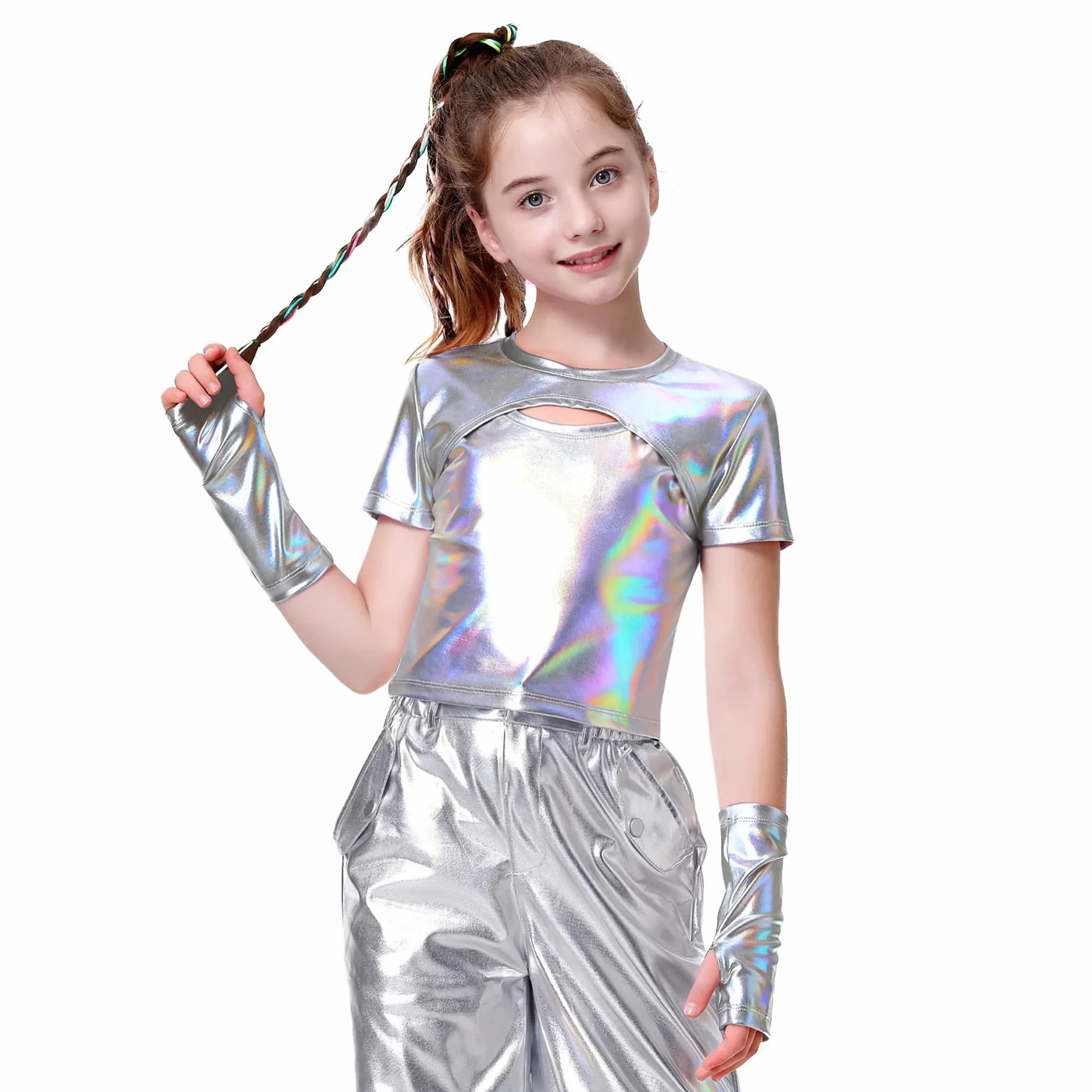 LOLANTA Haut Metallisé Enfant Fille Crop Top Danse Tenue Hip-hop Latine Jazz Spectacle Carnaval Fête Brillant Disco T-Shirt Manches Courtes