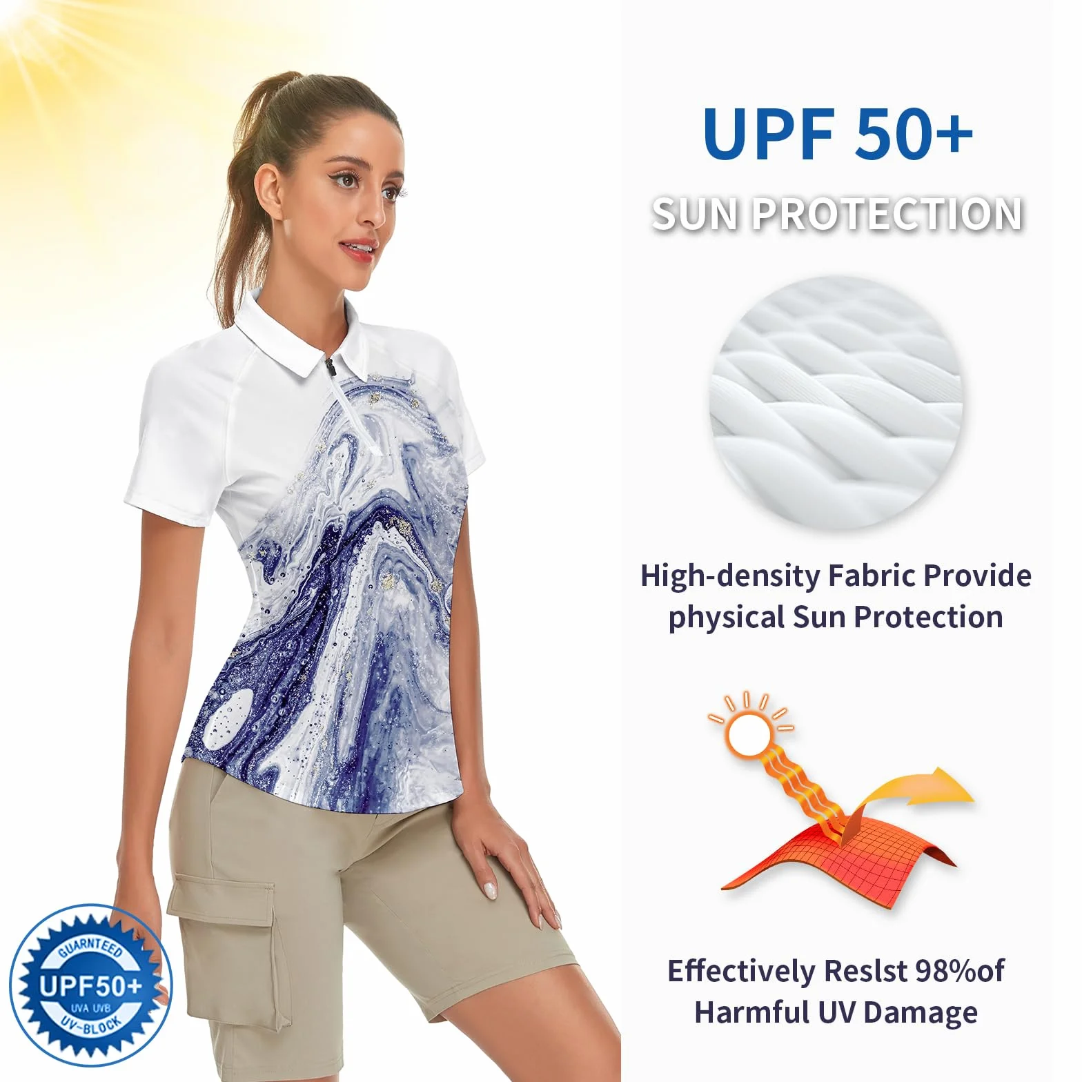 Soneven Polo Femme Ete Sport Chemise Carreaux Respirant Zipper Manches Courtes Blanc 1/4 Zipper Golf Tennis