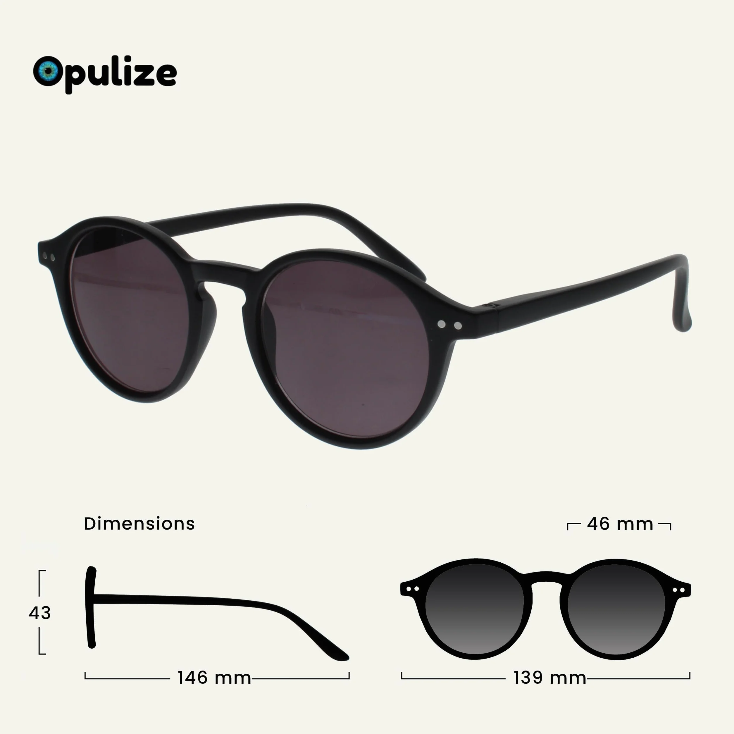 OPULIZE REY Lunettes de Lecture Solaires Montures Rondes Rétro Noir Mat +2.50