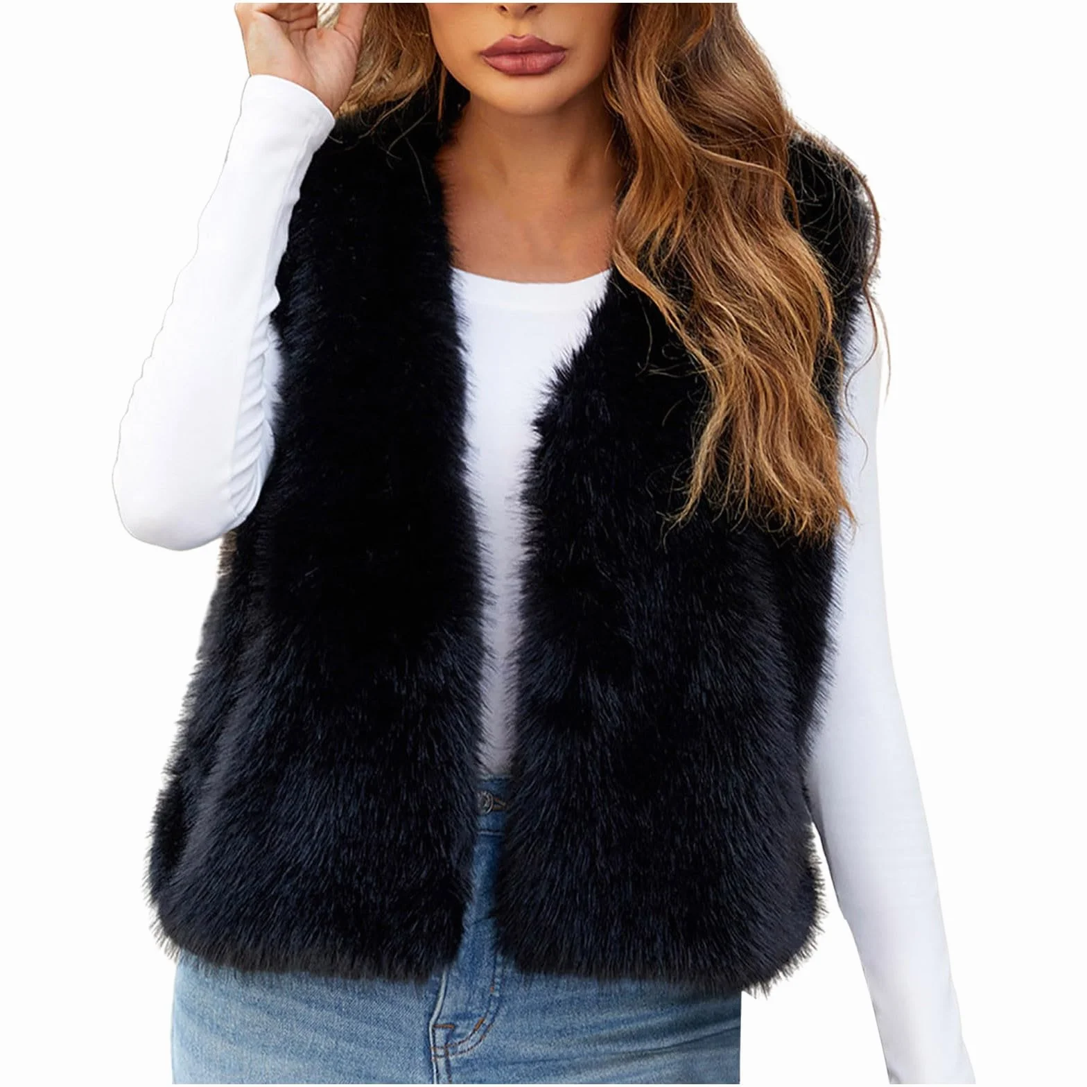 Gilet en fausse fourrure pour femme - Manteau d'hiver chaude sans manches col en V