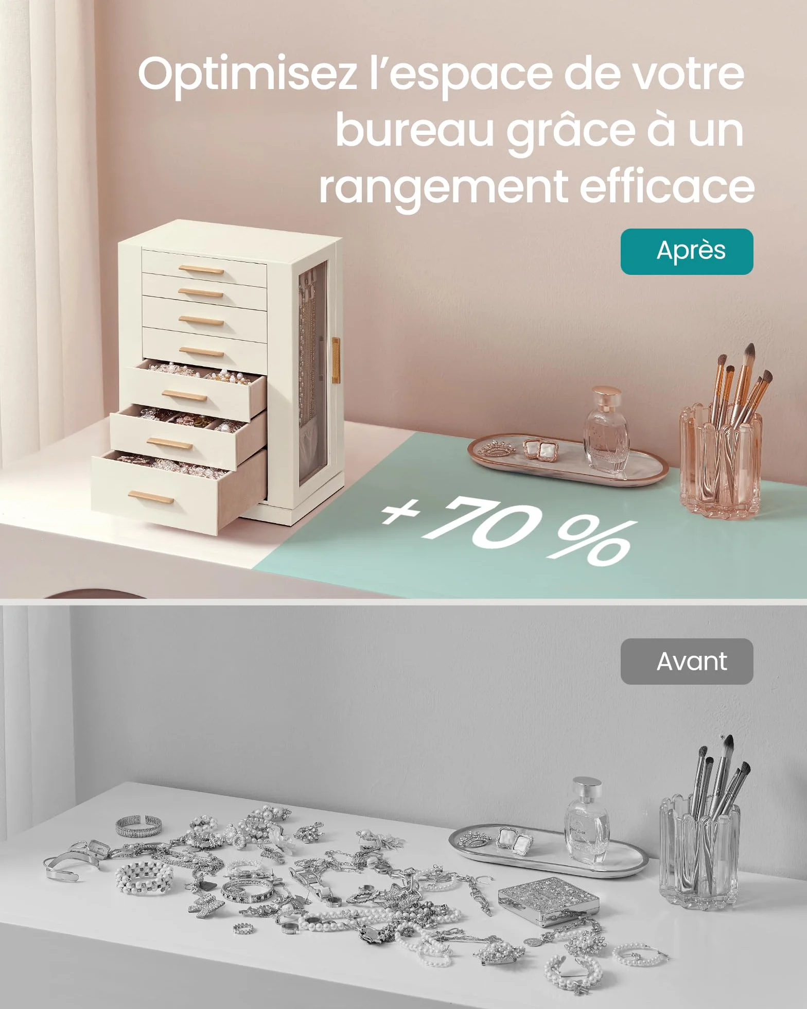 SONGMICS GISELLA Boîte à Bijoux Rotative 360° Coffret 7 Tiroirs Fenêtres en Verre Latérales Grand Rangement Blanc Nuage JBC201W01
