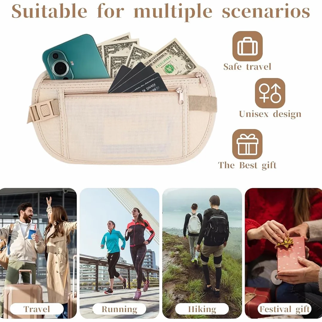 Ceinture dissimulée antivol 2 compartiments pour téléphone, argent, réglable étanche voyage