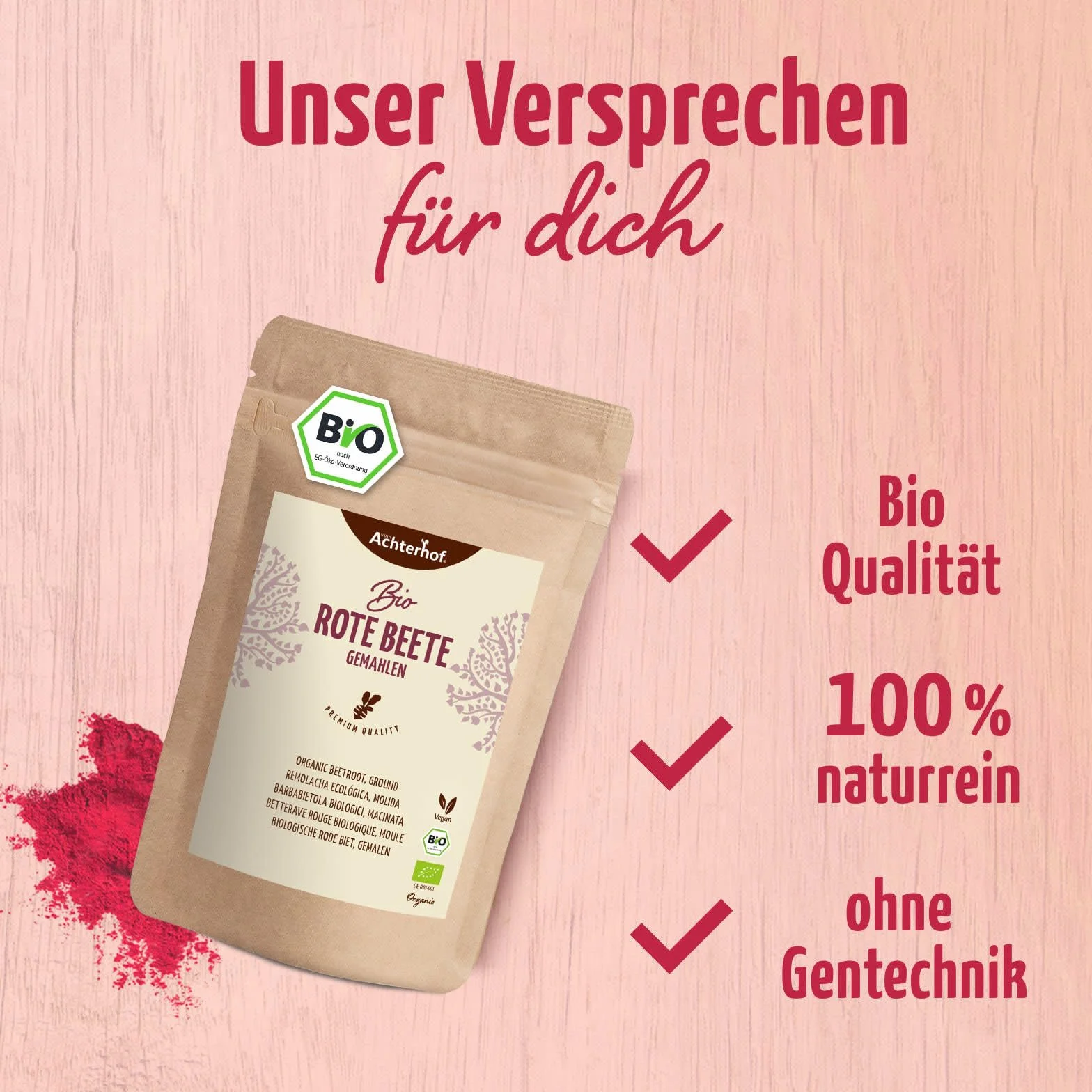 Poudre de betterave rouge bio 500g | terreuse, savoureuse et sucrée | utilisable crue ou cuite | idéale pour colorer les aliments | vom Achterhof