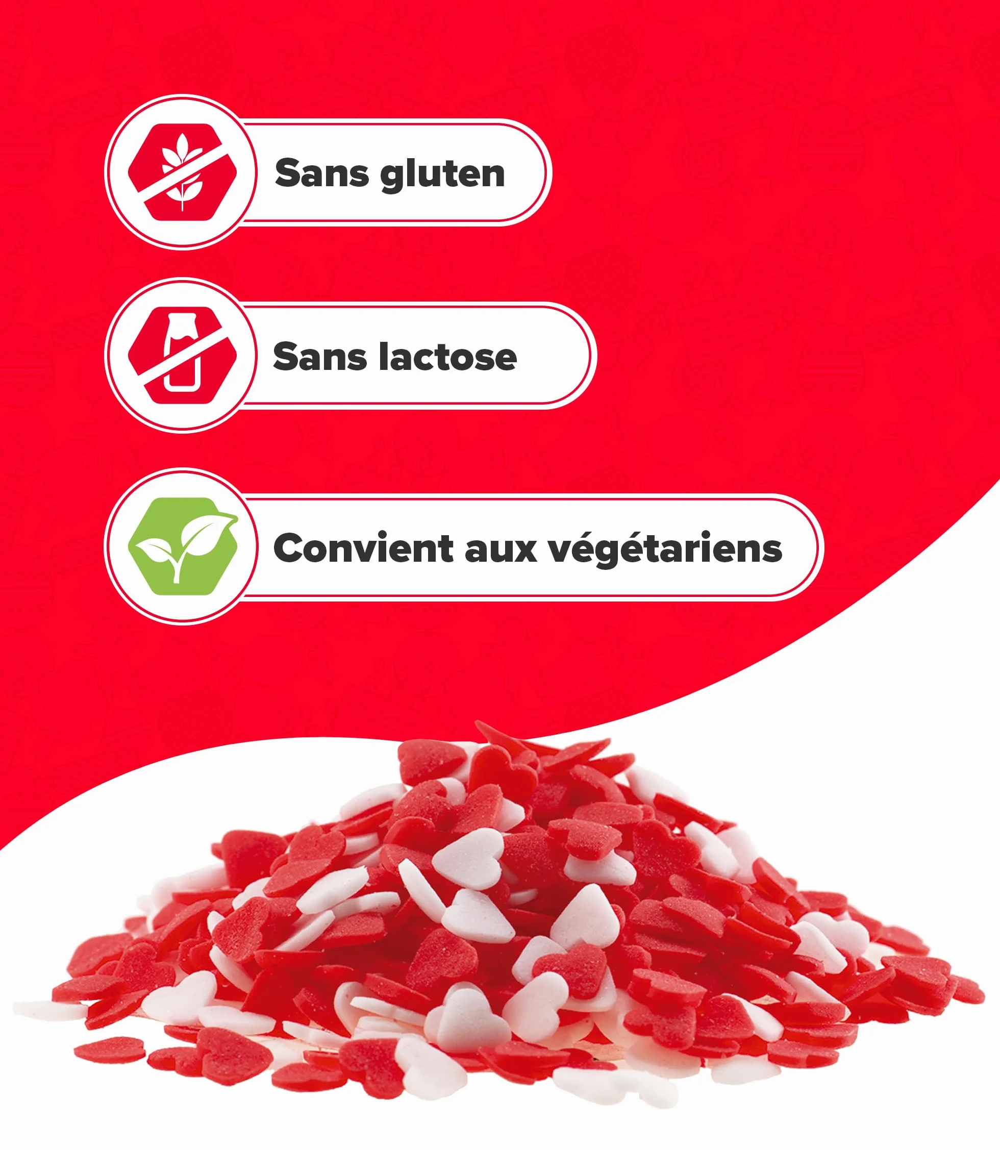 dekora – Confettis Cœur Rouges et Blancs en Sucre, 100 g – Décoration Saint-Valentin Chic pour Gâteau, Cupcake et Dessert