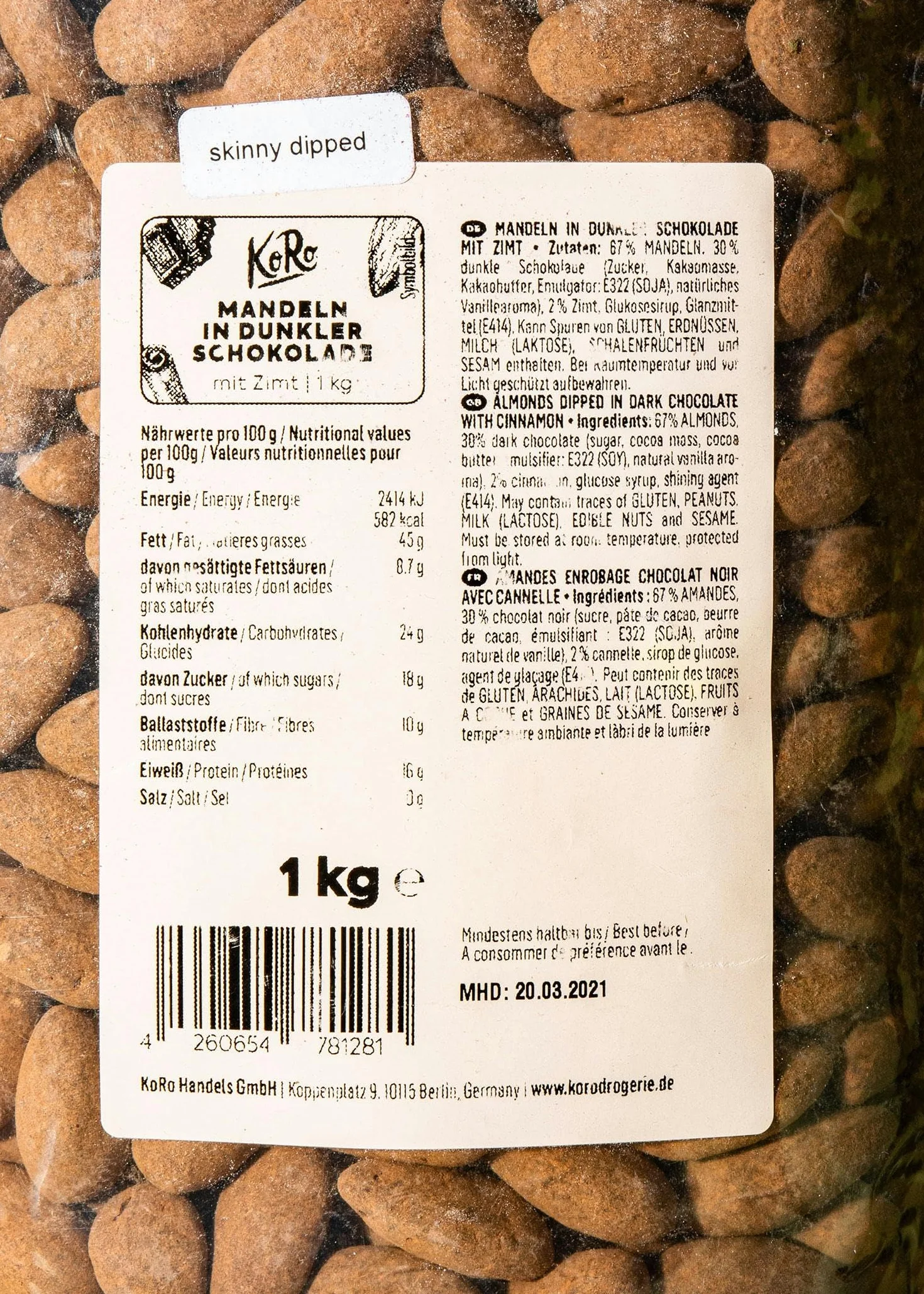KoRo - Amandes enrobage chocolat-cannelle 1 kg - Amandes croquantes dans un enrobage chocolat-cannelle