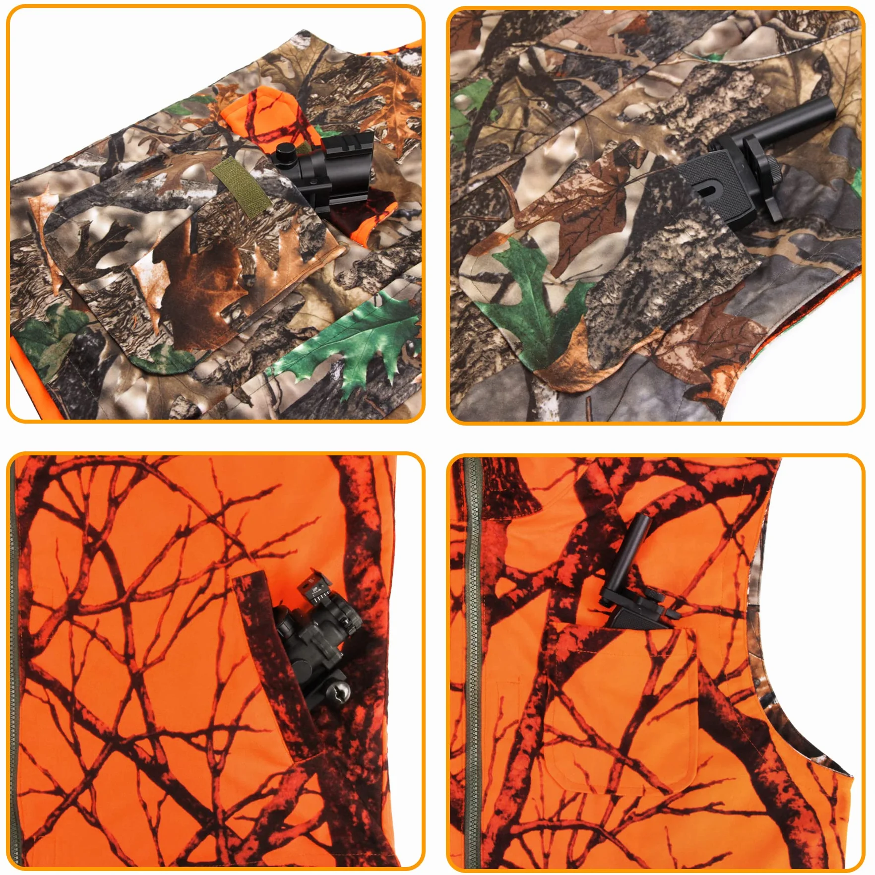 GUGULUZA Gilet de Chasse Orange Camo Réversible Multi-Poches