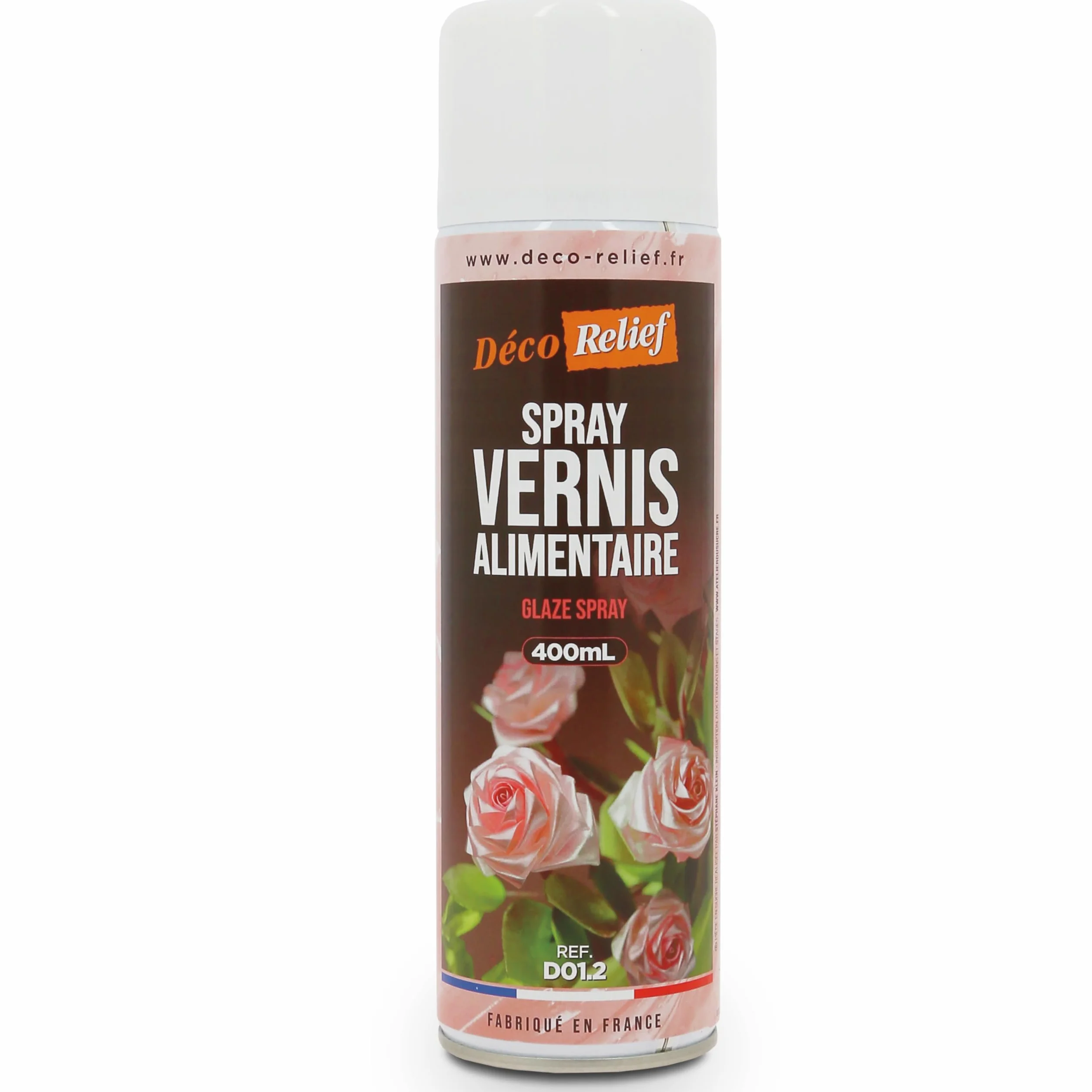 Déco Relief - Spray Vernis Alimentaire 400 ml - Fait Briller & Protège de l’Humidité - Pour Chocolats, Pièces en Sucre, Pâte d’Amandes, Nougatine, Tartes - Laque Alimentaire - D01.2.