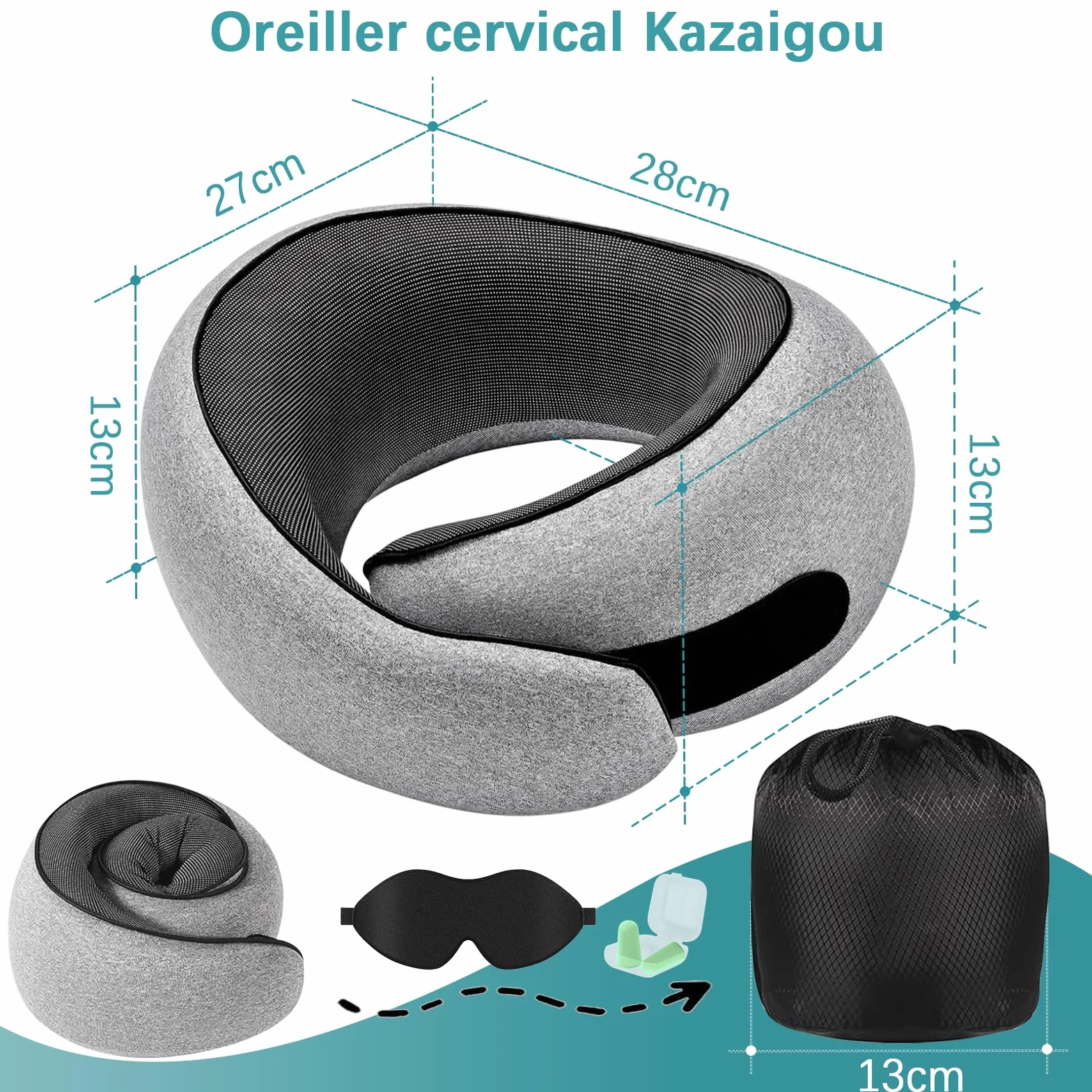 Coussin Cervical Ergonomique Oreiller de Voyage en Mousse à Mémoire Housse Amovible Lavable Avec Masque Bouchons d'oreilles