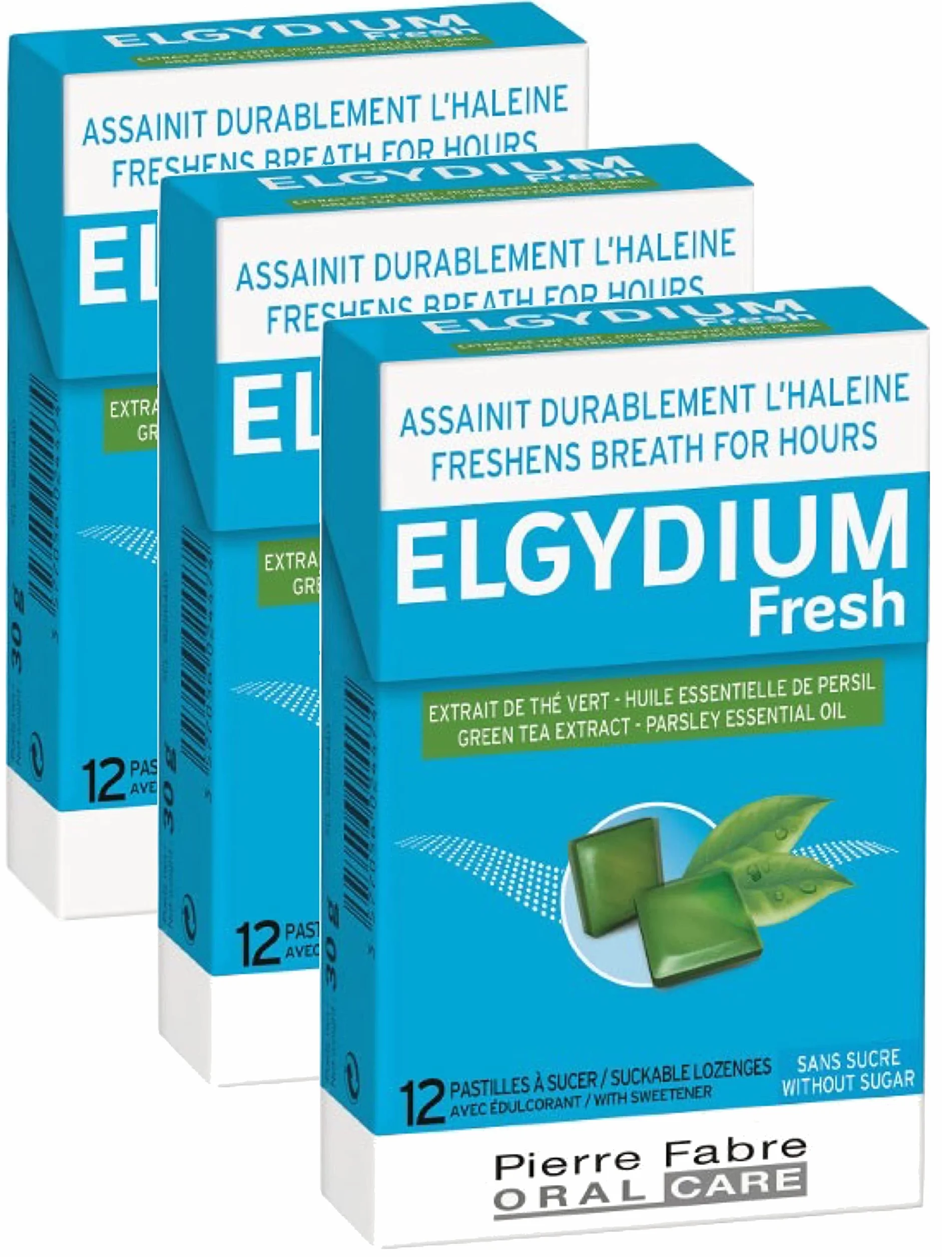 Alibi - Elgydium pocket Assainit durablement l'haleine Pour une haleine PURE et SÛRE - Extrait de thé vert et d'huile essentielle de persil - Lot de 3 boites de 12 Pastilles à sucer