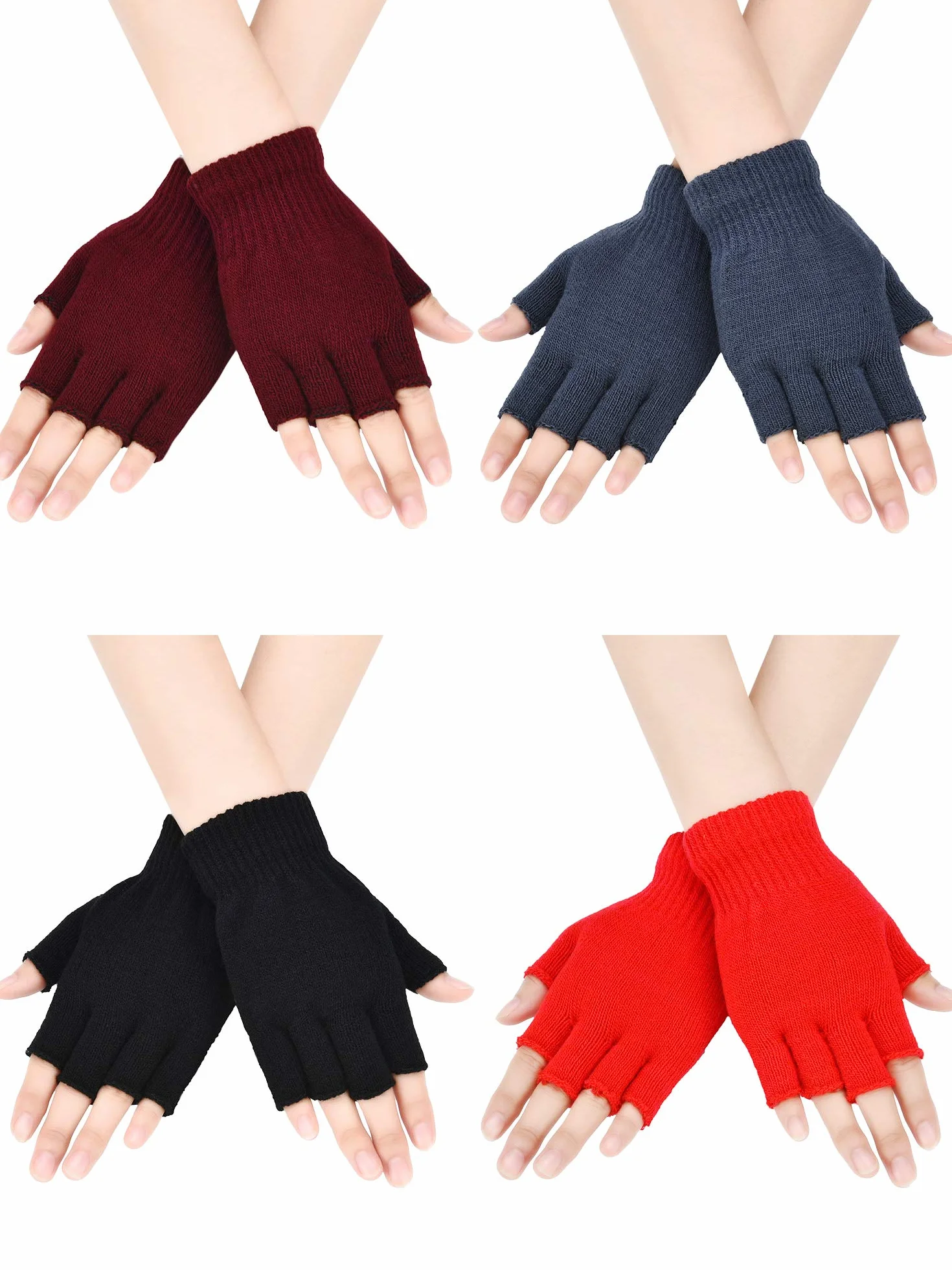 Bememo Lot de 4 paires de mitaines d'hiver en tricot couleur unie pour enfants