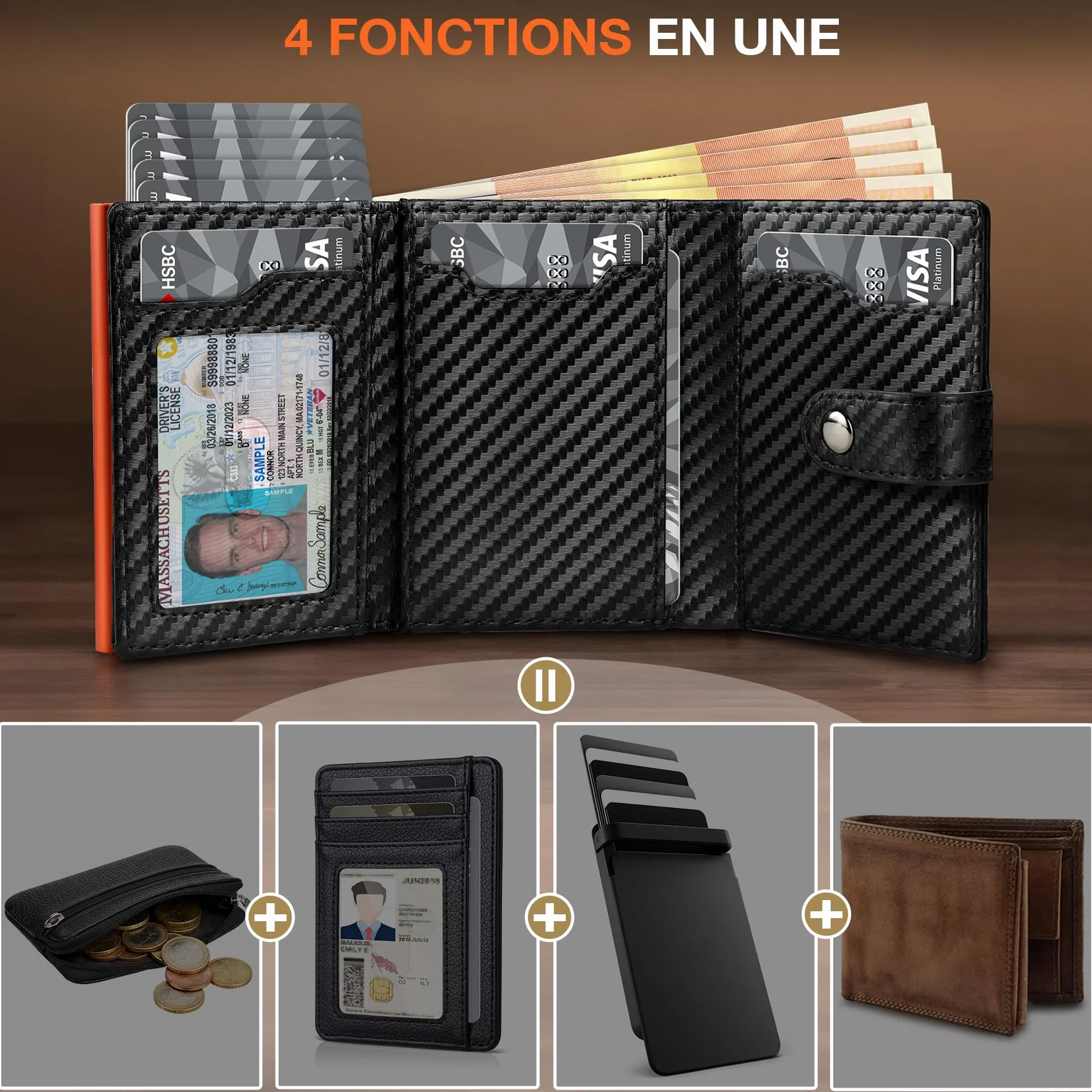 Portefeuille Homme Fibre de Carbone RFID Blocage Noir Orange