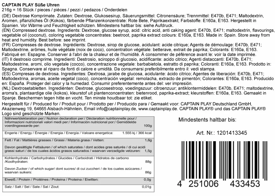 CAPTAIN PLAY Bonus Pack Bonbonnière avec 16 Montres Dextrose en emballage individue