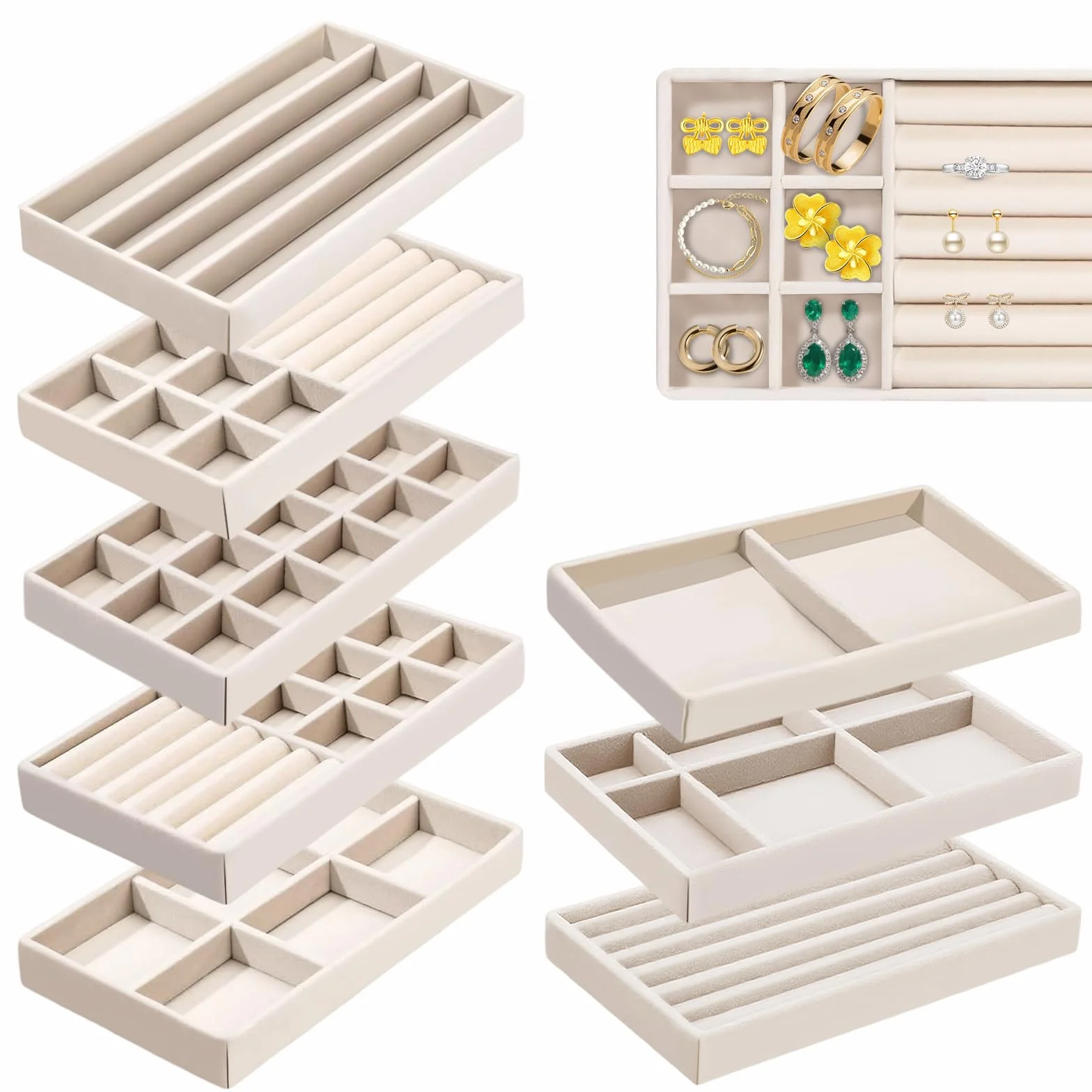 Lot de 8 Plateaux Organisateur Bijoux en Velours Empilables - Rangement Tiroir