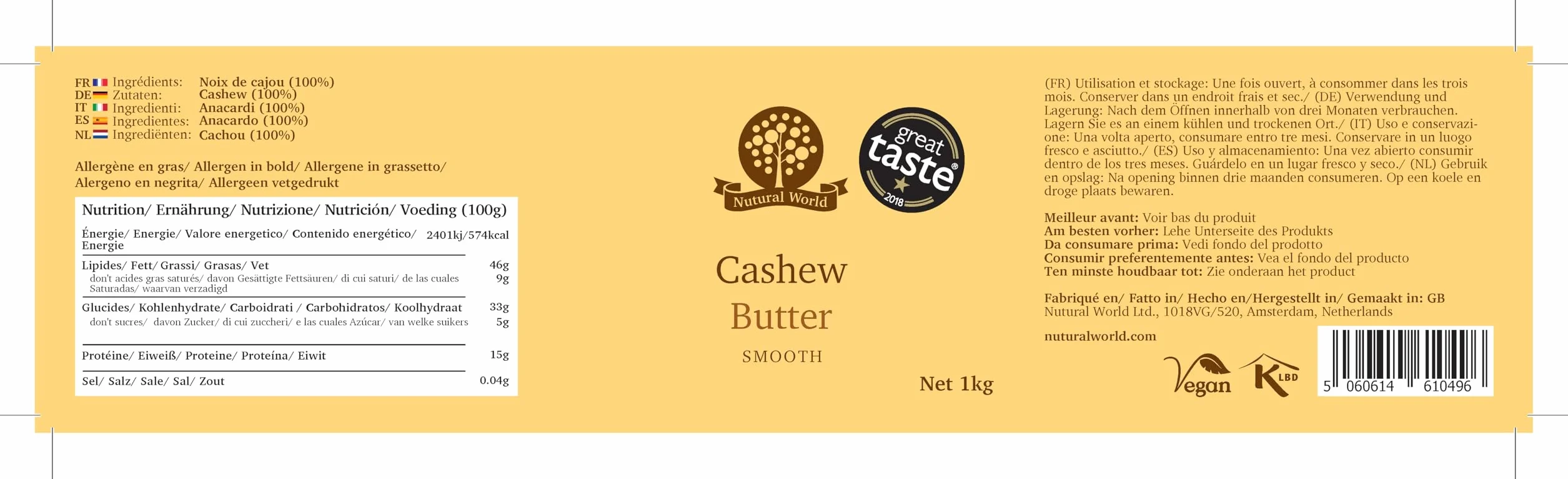 Nutural World - Beurre de noix de cajou onctueux (1kg) Vainqueur des Great Taste Awards