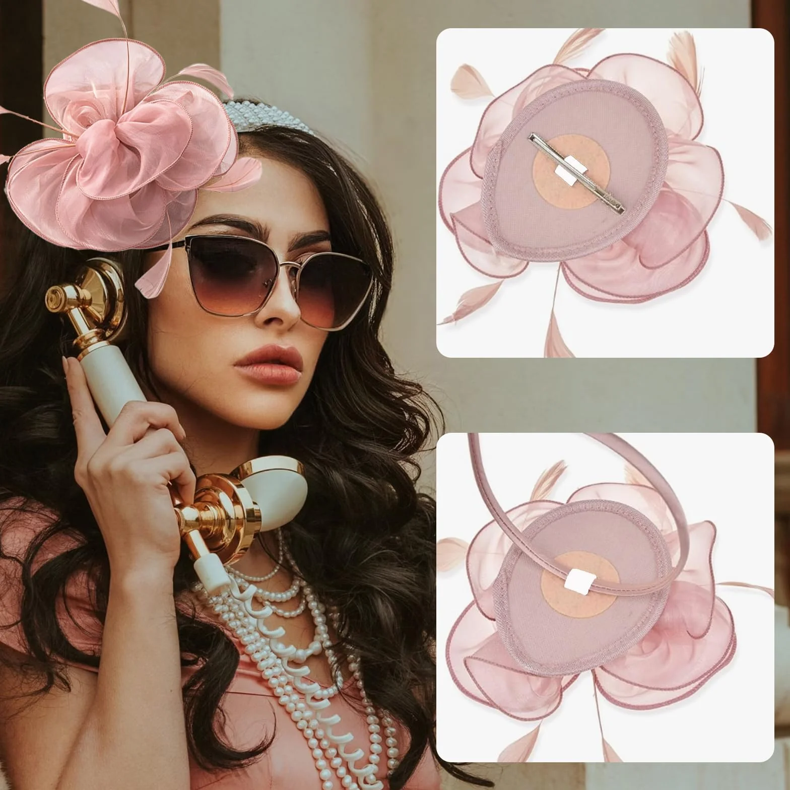 Fascinateurs Floraux Rose avec Plume pour Femme Chapeau Mariage Bandeau