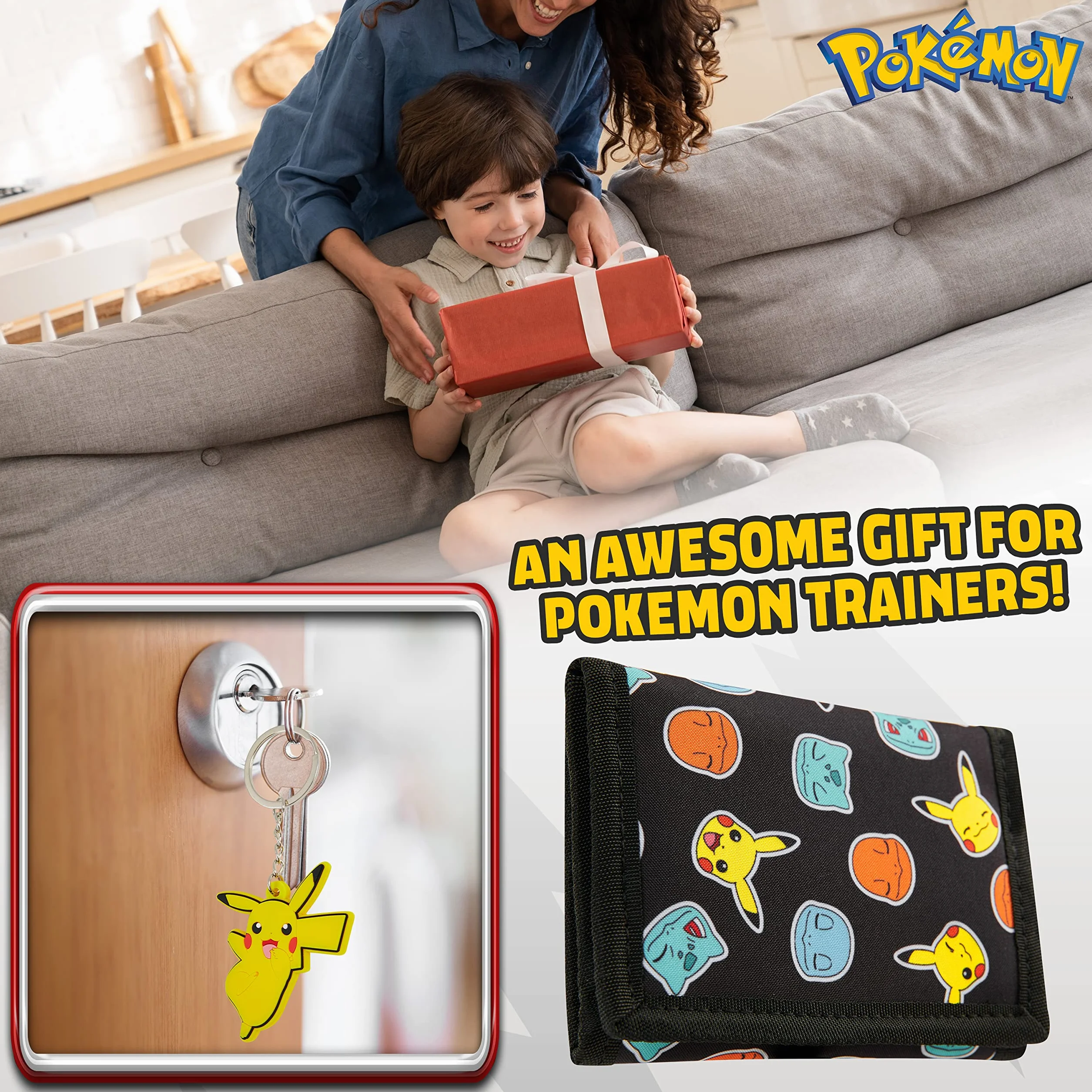 Pokémon Portefeuille Enfant Trifold Toile Poche ID Zippé Porte Clés Coffret Cadeau Pikachu Noir Jaune