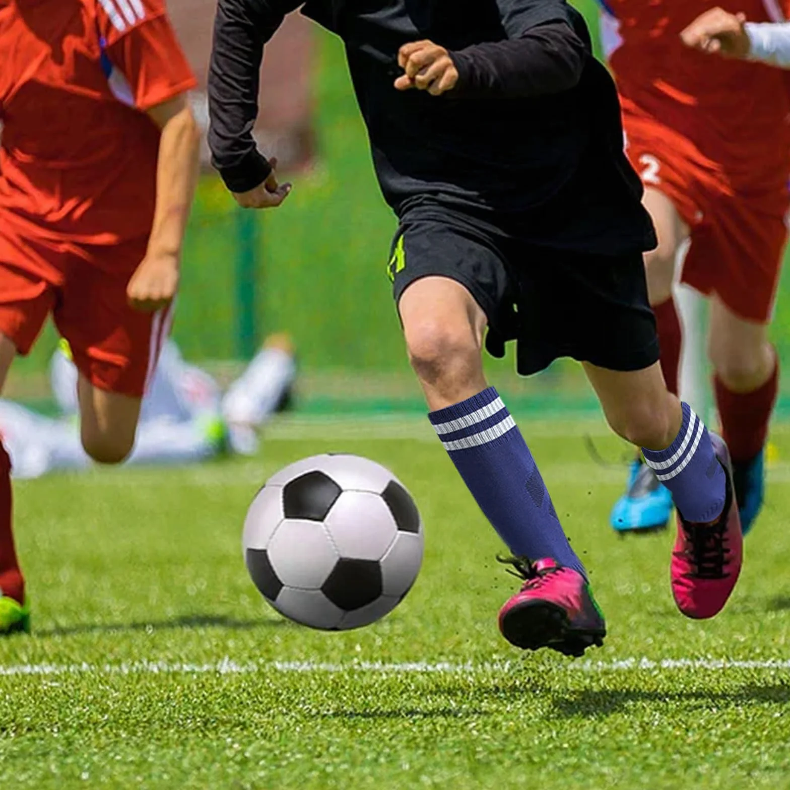 Chaussettes de Football Enfant 3 Paires Bleu Marine Garçons Filles Rugby Basket Hautes Sports 5-12 Ans
