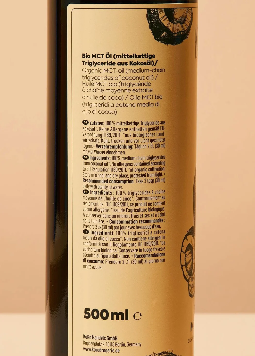 KoRo - Huile MCT 500 ml - Saveur neutre - Obtenue à partir d'huile de coco pure - Qualité biologique