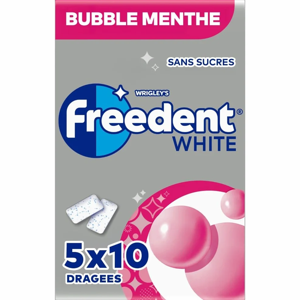 FREEDENT WHITE Guma do Żucia Bez Cukru Bubble Mentha 70g 5 x 10 Sztuk