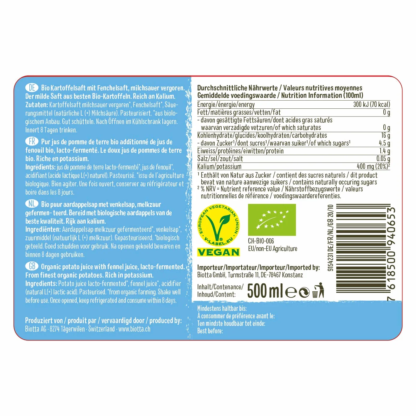 BIOTTA - Jus de Pommes de terre et de fenouil, lacto-fermenté - Préparation à base de pommes de terre 100% bio - Action ciblée Digestion - 500ml - Fabrication Suisse - Lot de 3