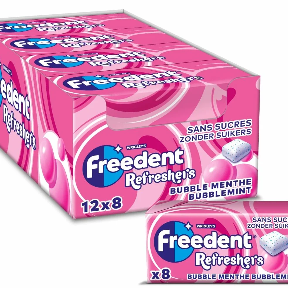 FREEDENT REFRESHERS - Chewing Gum Sans Sucre - Goût Bubble Menthe - 12 Paquet de 8 Dragées - Grand Format 96 Dragées