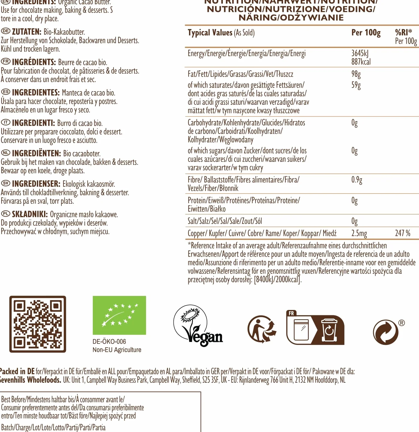 Sevenhills Wholefoods Beurre De Cacao Bio 500g