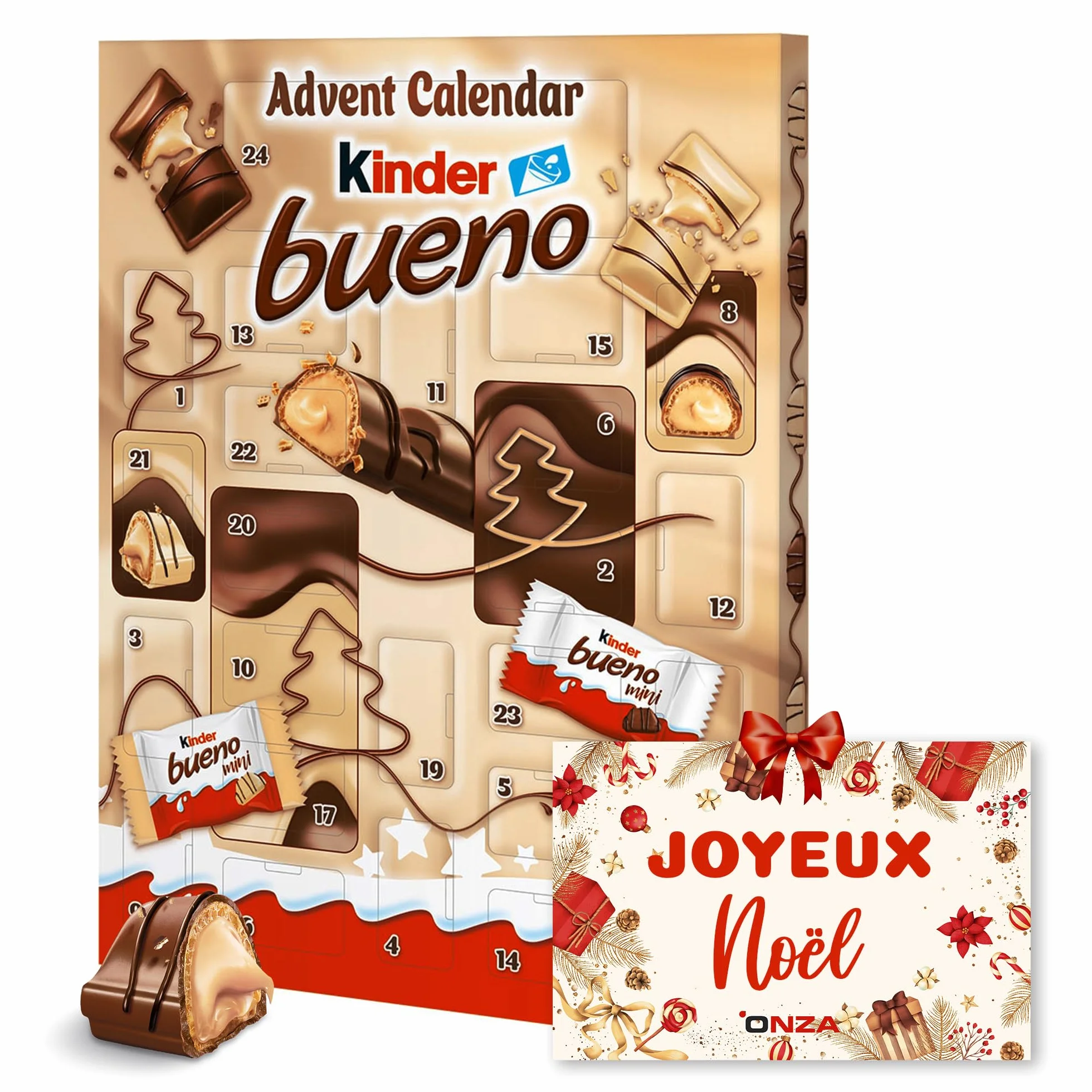 Onza Calendrier de l'Avent Chocolat Kinder Bueno. Cadeau Original pour Noël avec des Chocolats Kinder Bueno et Kinder Bueno Mini. Calendrier de lavent 2024 avec Carte Cadeau de Noël. (167 grammes)