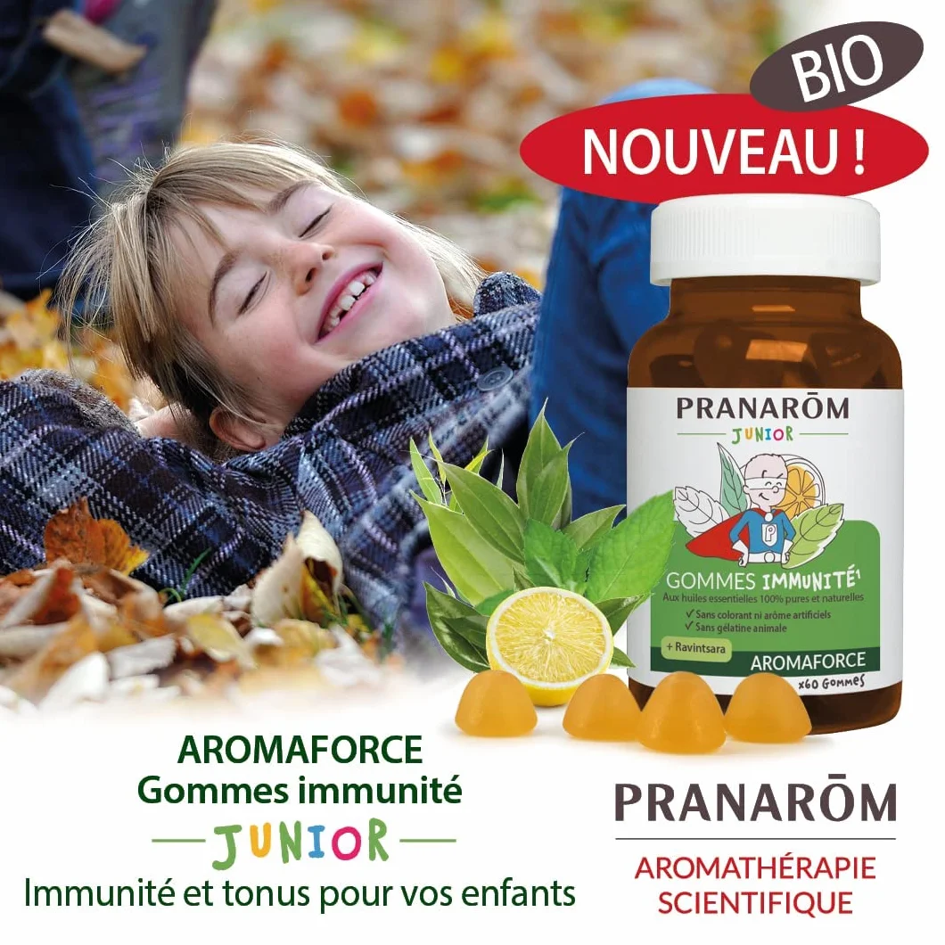 PRANARÔM - Aromaforce Junior - Gommes Enfant Imunité Ravintsara - Renforce Les Défenses Naturelles - Aux Huiles Essentielles - Vegan - Sans Colorant Ni Arôme Artificiels - Dès 6 Ans - Cure 1 Mois