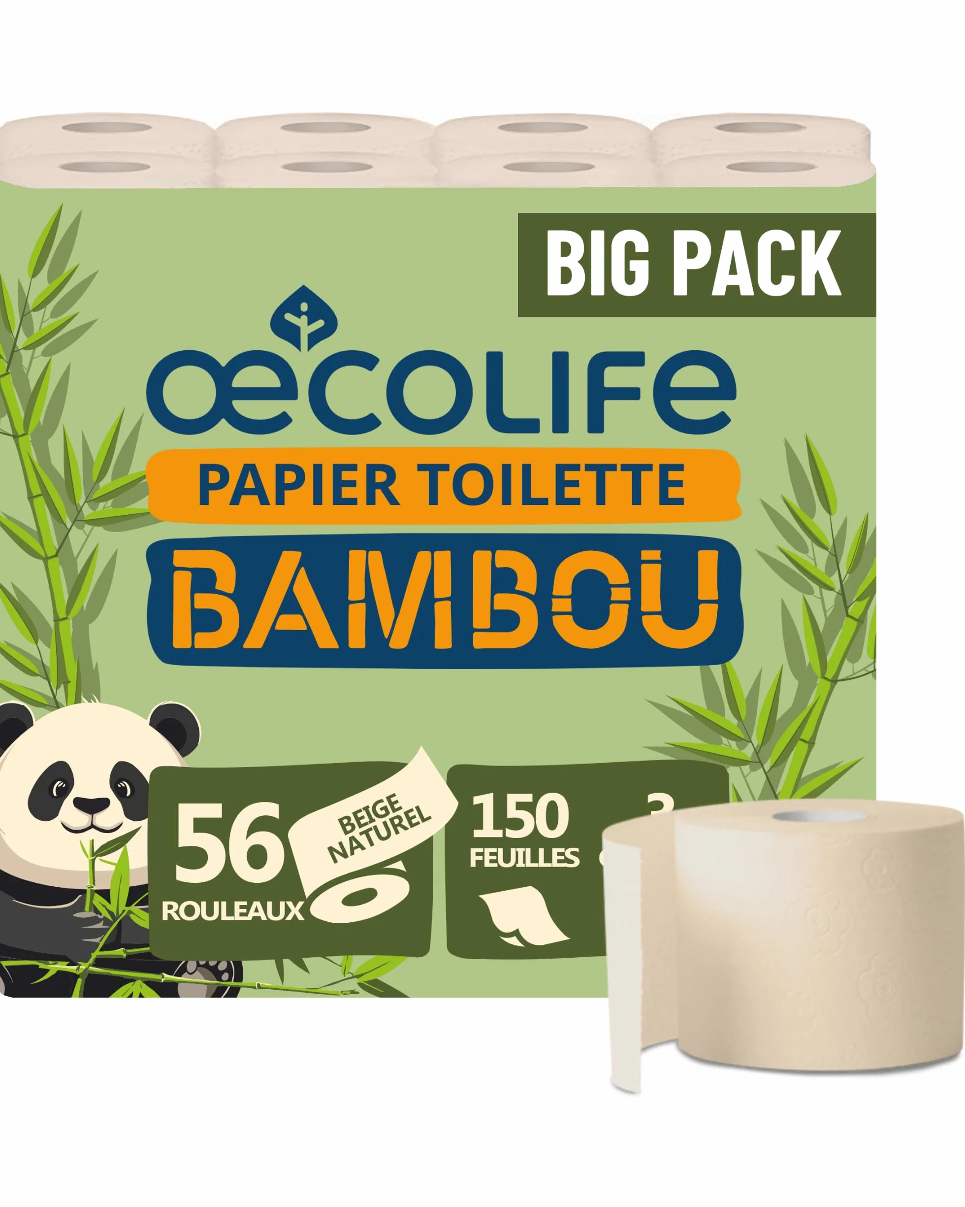 œcolife Lot de 56 rouleaux de papier toilette en bambou, 3 couches, 56 x 150 feuilles, super doux, végétalien, durable, emballage 60% PCR