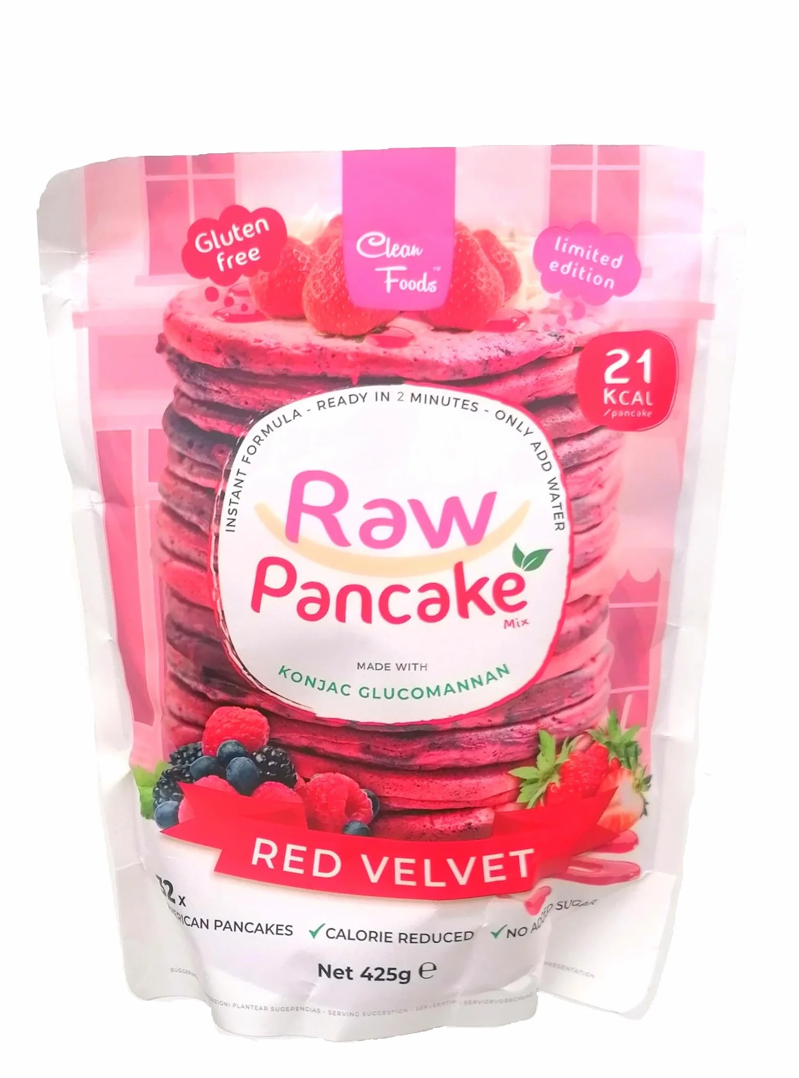 CleanFoods Pancakes Raw Pancake Red Velvet Pack de 425g I Glucomannane de Konjac I seulement 21 calories par pancake I Préparation en 2 minutes I Sans gluten I Sans graisse I Sans sucre