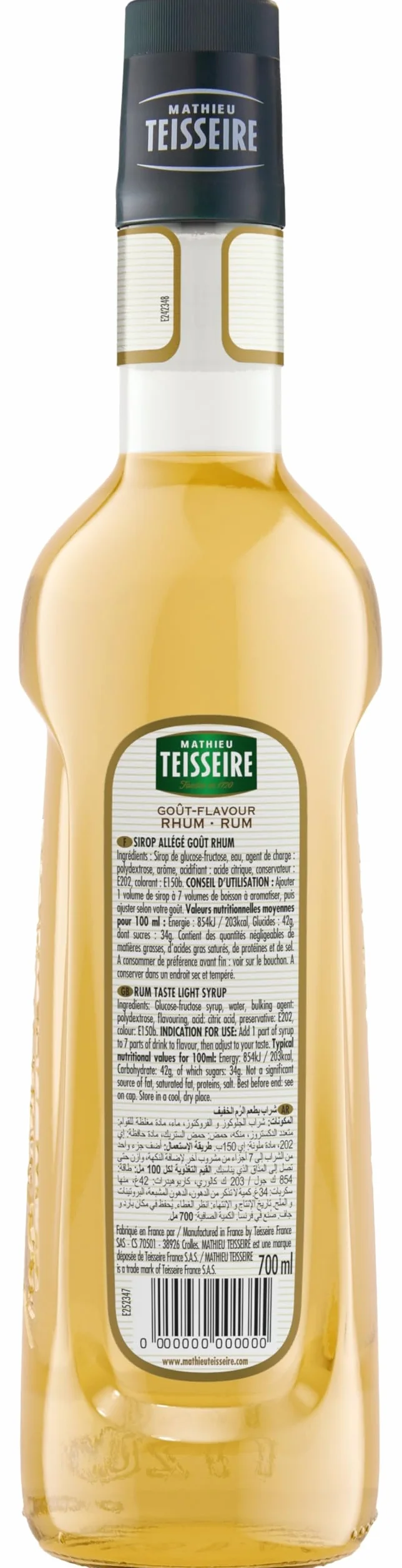 Sirop Goût Rhum Mathieu Teisseire, pour boissons, cocktails classiques avec ou sans alcool, bouteille de 70cl