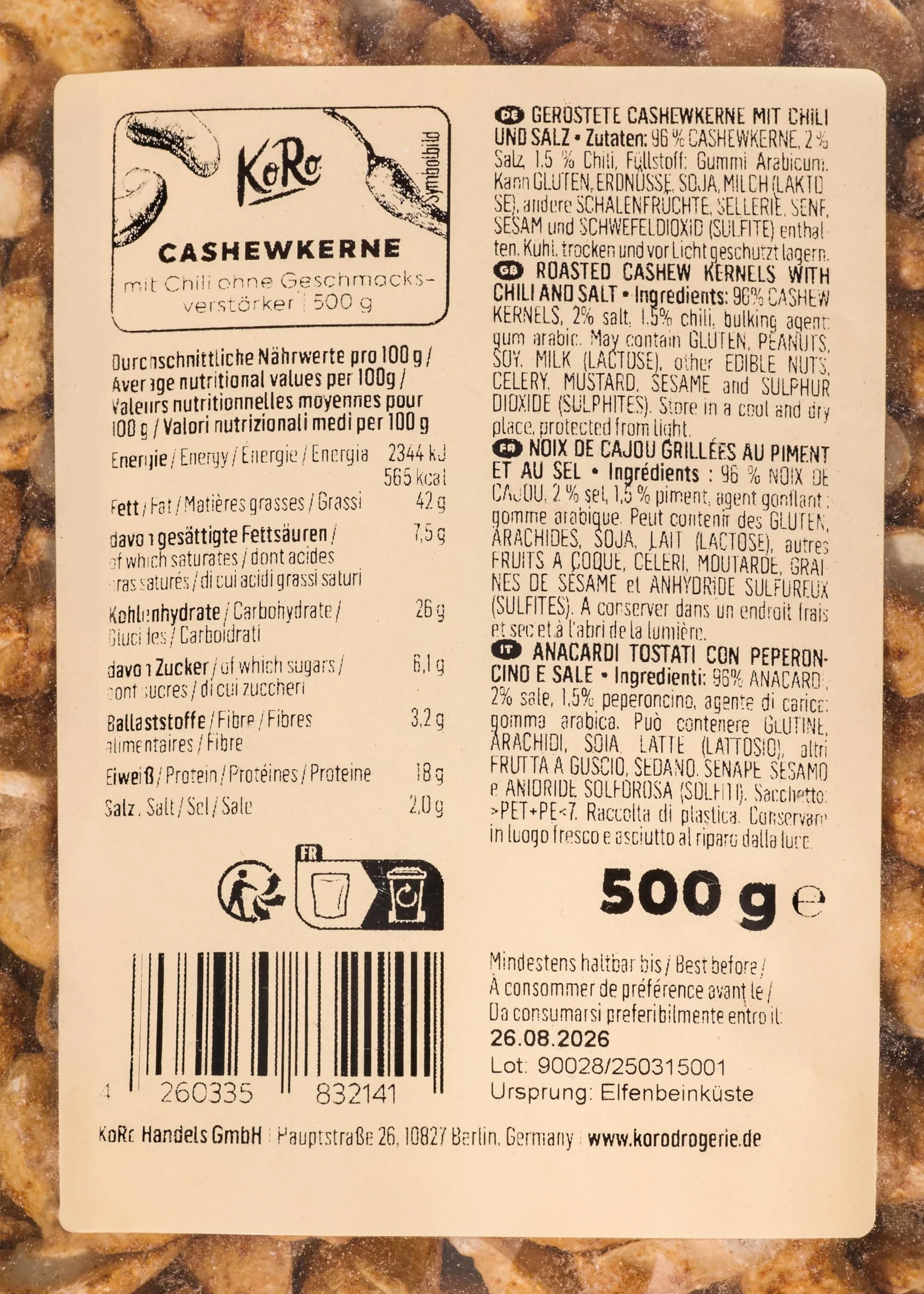KoRo - Noix de cajou au piment 500 g - Snack épicé à base de noix de cajou et de poudre de chili