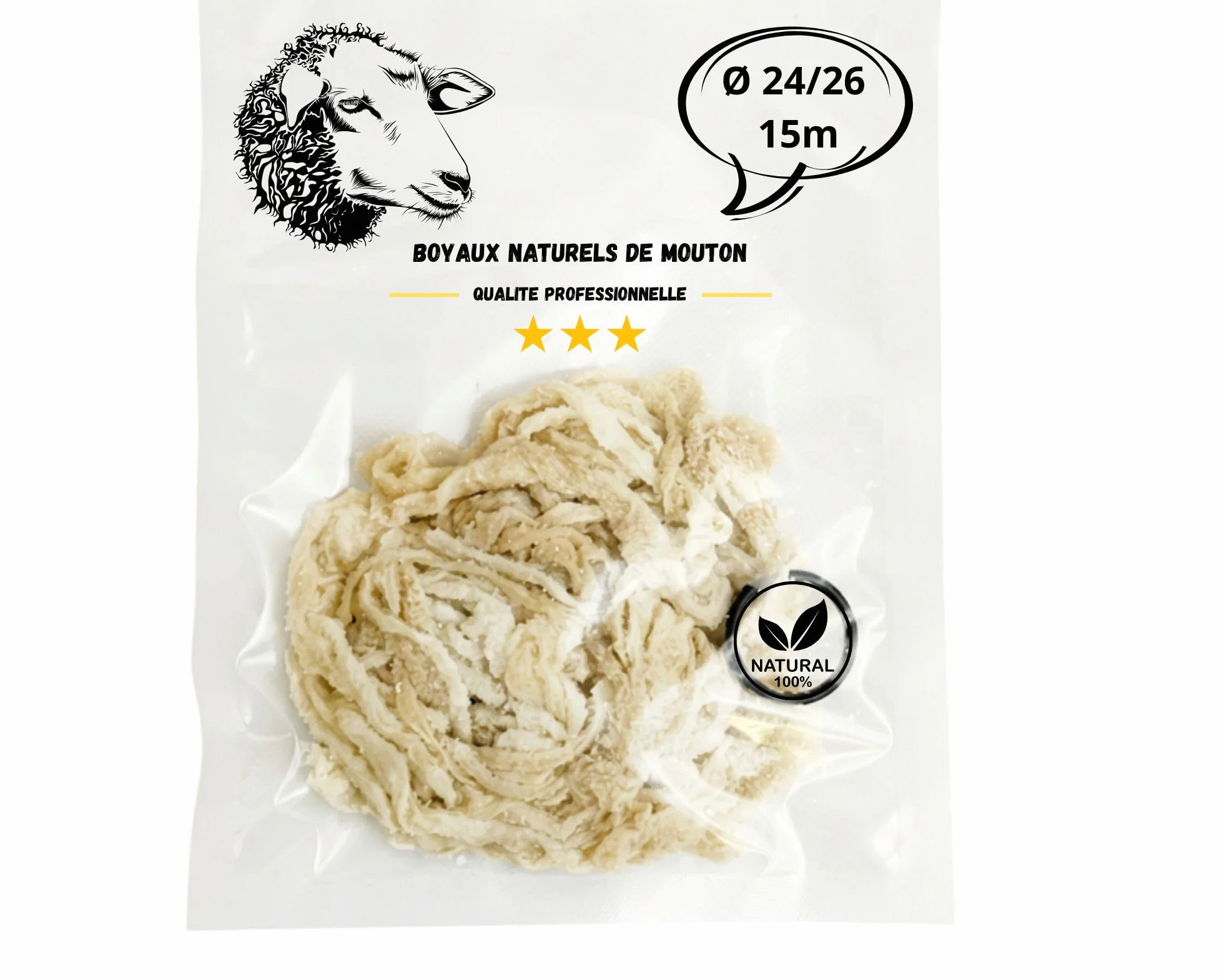 Boyau naturel de mouton calibre 24/26 15 mètres pour la fabrication d'environ 5 kg de saucisse ou merguez