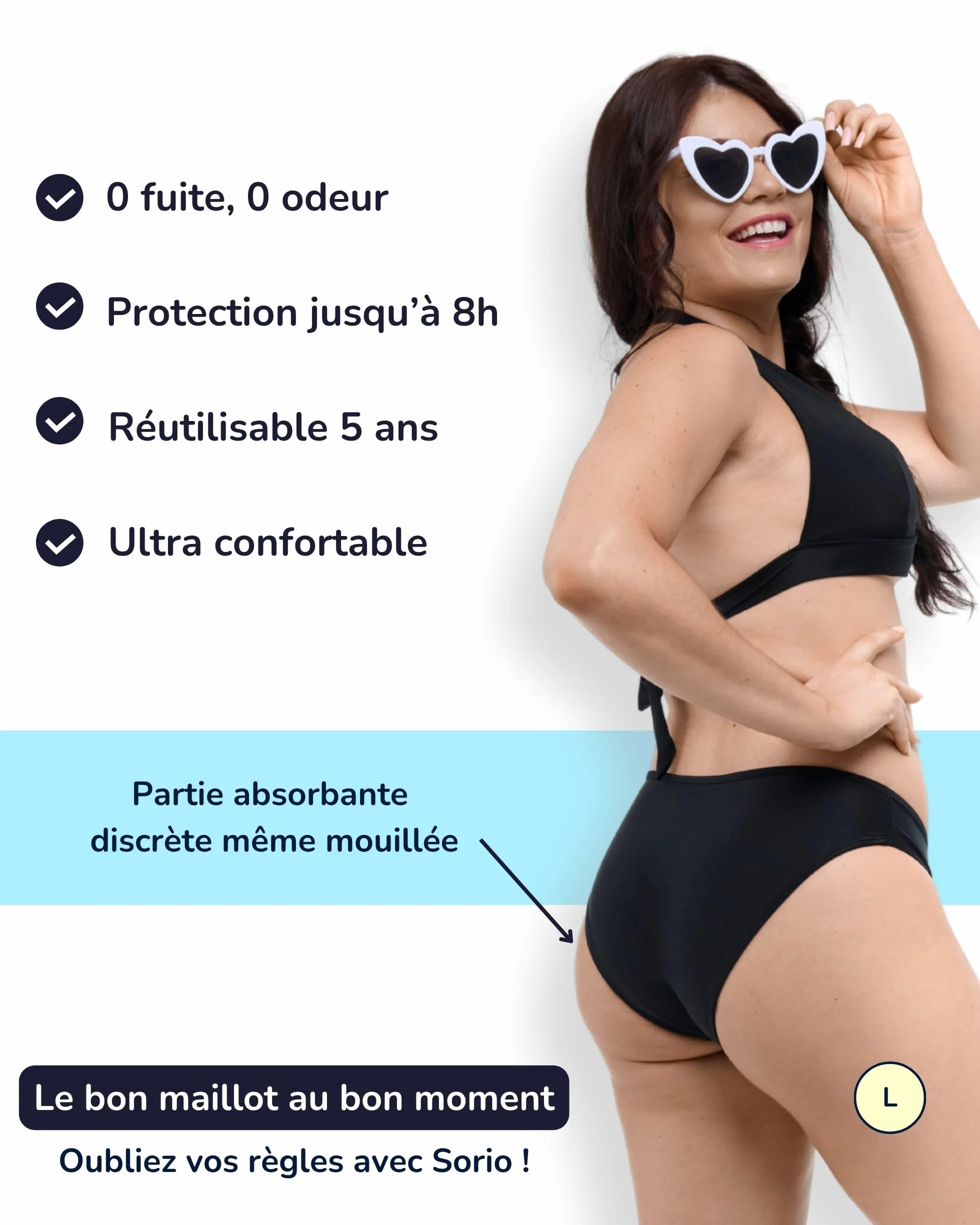 SORIO Bas de Maillot de Bain Menstruel Femme Flux Moyen à Abondant Absorbant Antifuite Anti Odeur Culotte de Bain Menstruelle Piscine Plage