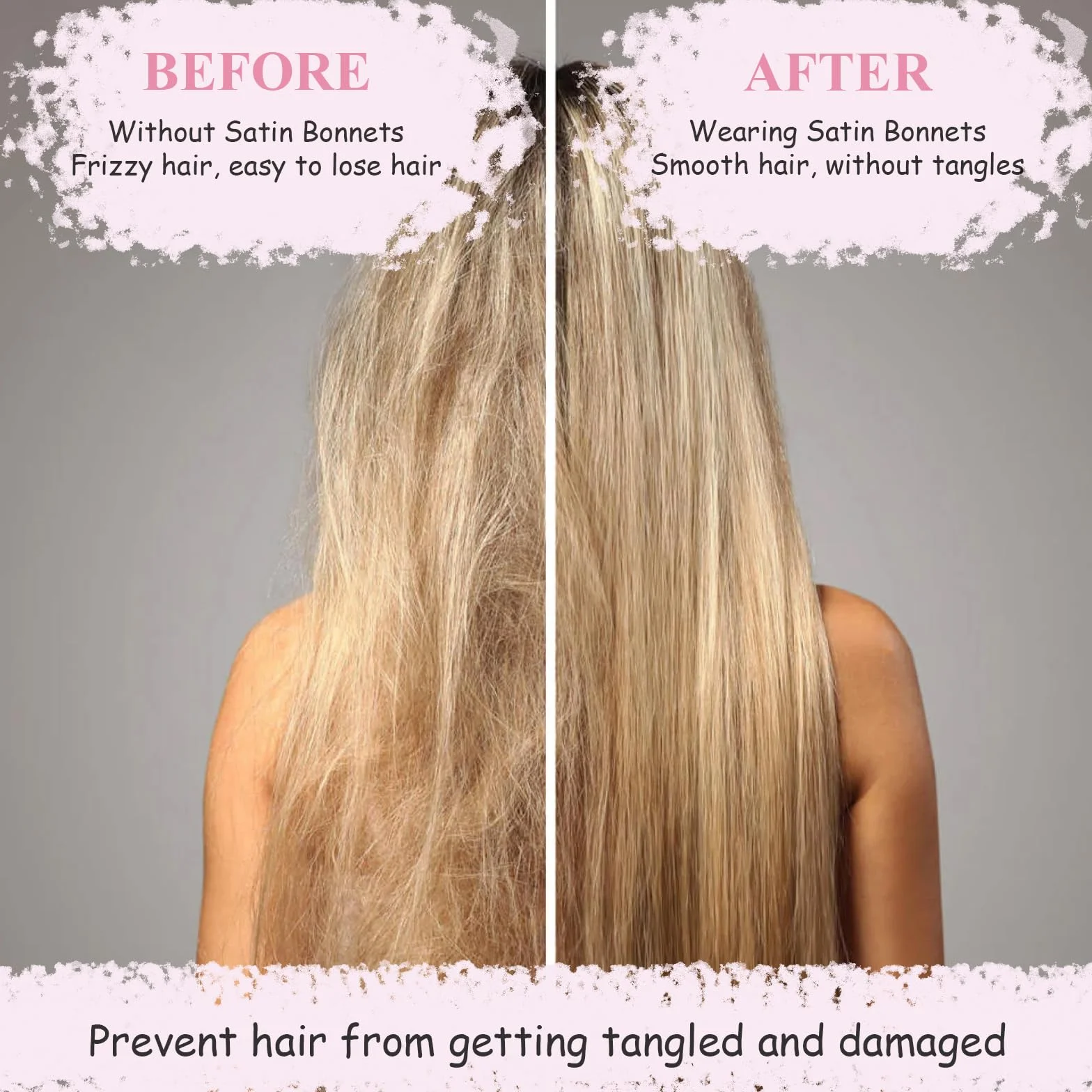 Bonnet Satin Cheveux Nuit avec Elastiques, Protection Cheveux Noir Rose