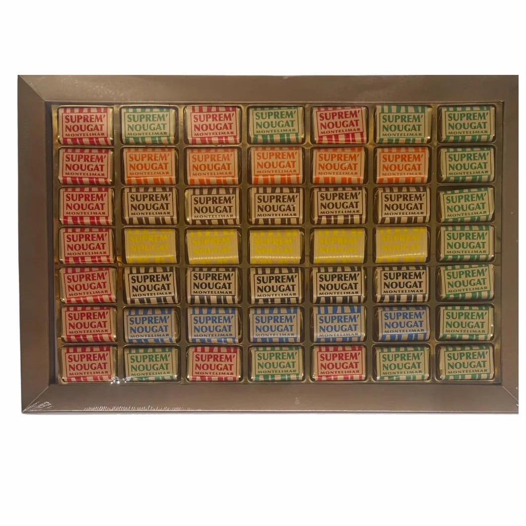 Suprem Nougat | 49 pièces, nougats durs et tendres de Montélimar | assortis, classiques et au chocolat | boîte transparente 490 g | amandes et miel de lavande | douceur artisanale à offrir