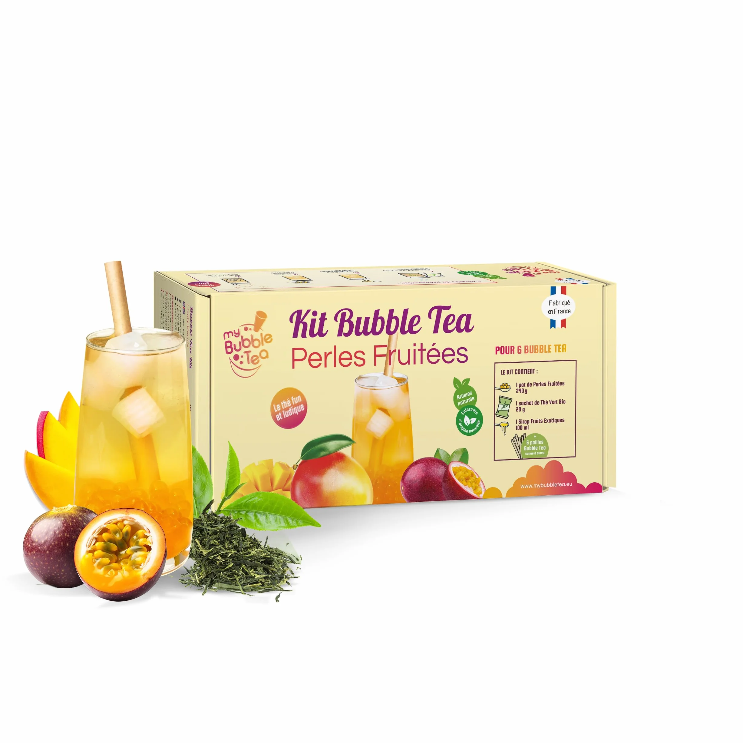 KIT BUBBLE TEA PASSION - FABRIQUÉ EN FRANCE - 6 BUBBLE TEA - Pailles canne à sucre incluses - Vegan et sans gluten