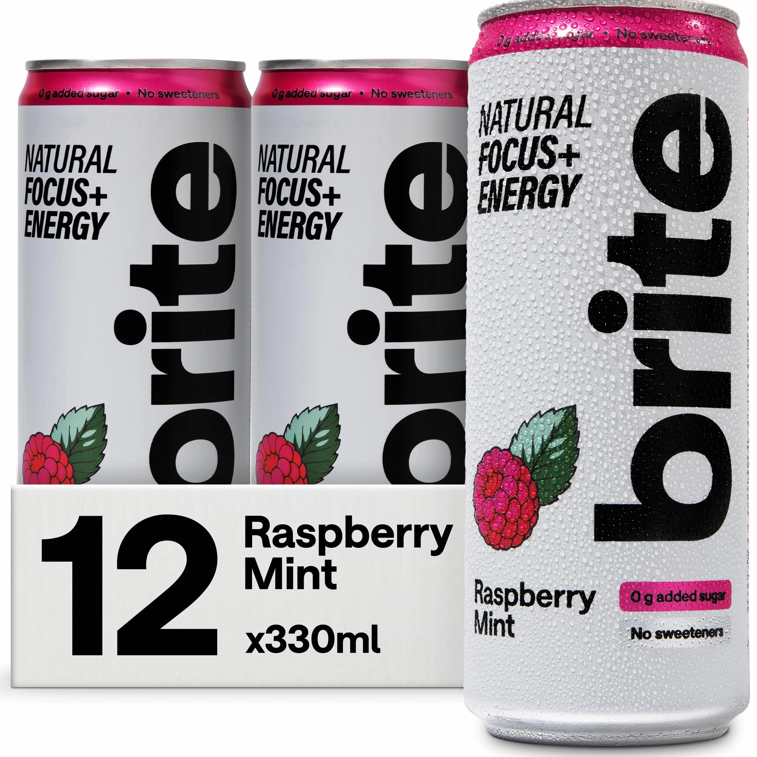Brite Natural Focus. Boisson énergisante et alternative au café pour améliorer la productivité. À base de plantes, faible en calories, végétalienne, sans gluten. Framboise-menthe, 12 x 330 ml.
