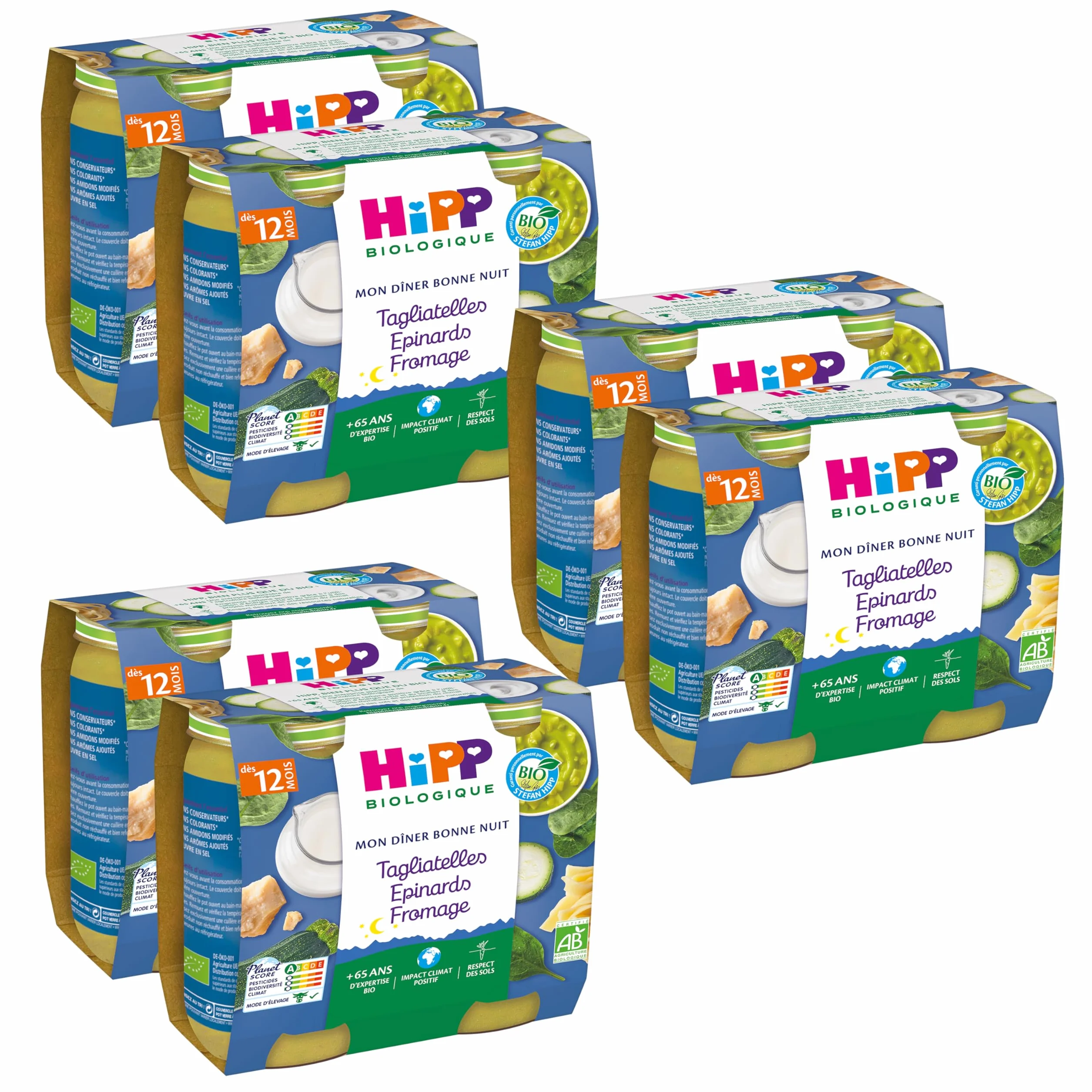 HiPP - Mon Dîner Bonne Nuit - Tagliatelles Epinards Fromage - Pots 2x250g - Lot de 6 - BIOLOGIQUE